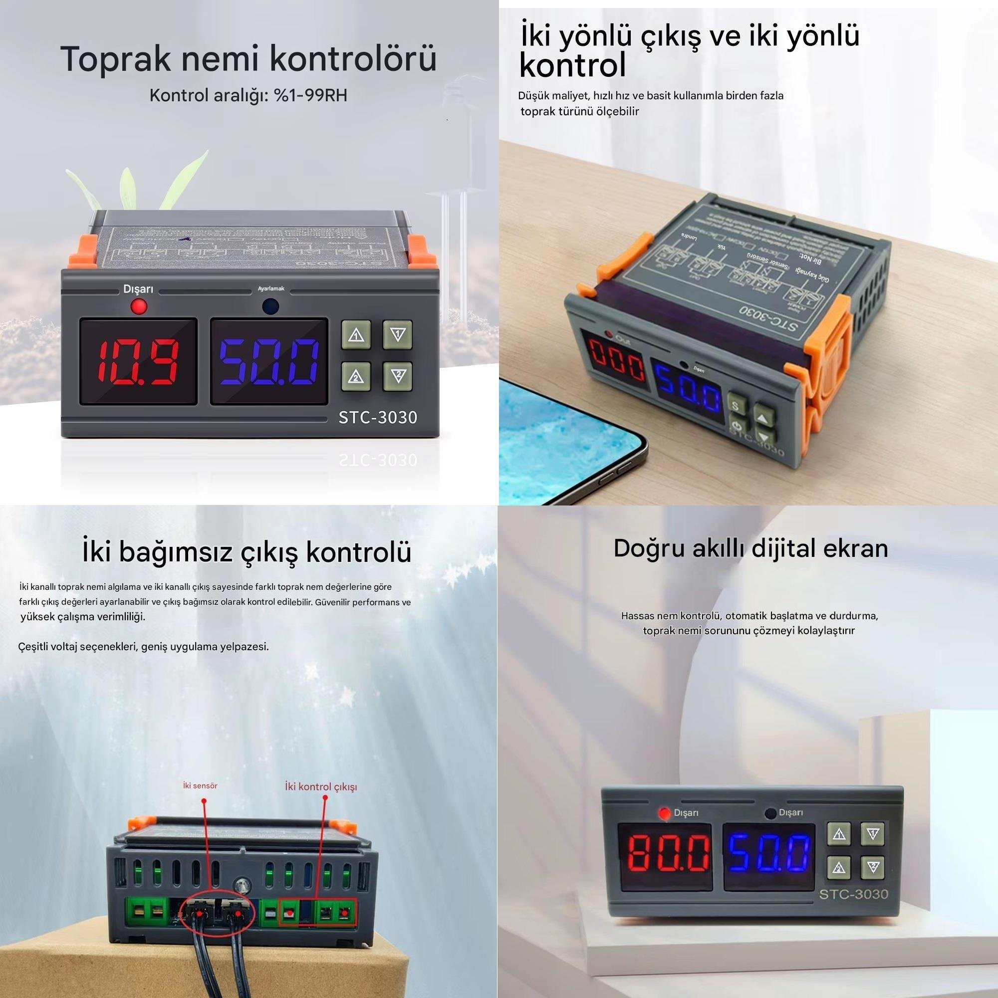 Yate10 STC-3030 220V 10A Çift Problu Toprak Nem Kontrol Cihazı