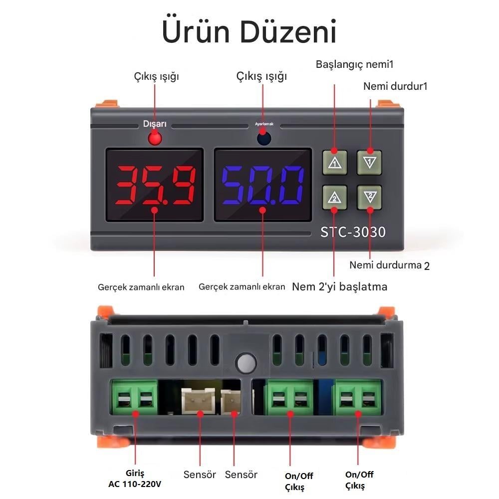 Yate10 STC-3030 220V 10A Çift Problu Toprak Nem Kontrol Cihazı