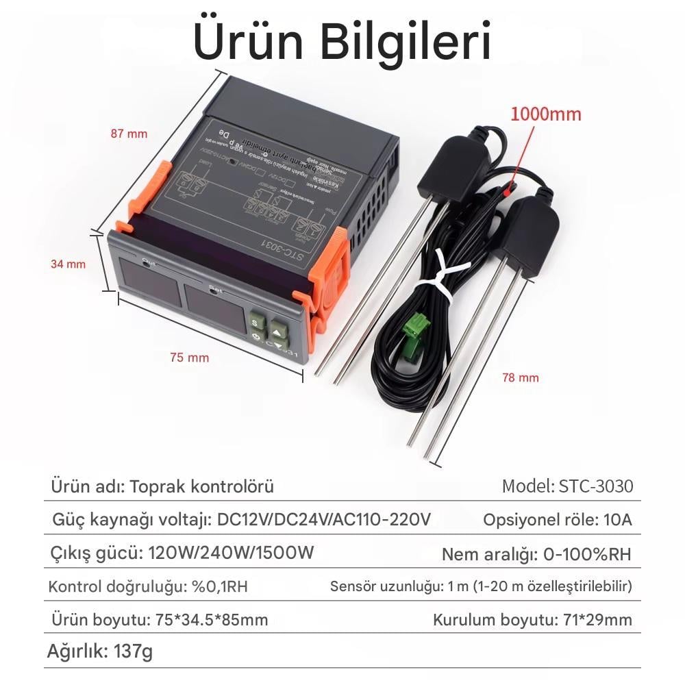 Yate10 STC-3030 220V 10A Çift Problu Toprak Nem Kontrol Cihazı