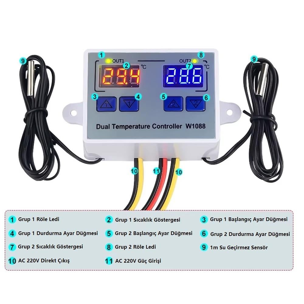 Yate10 W1088 AC 220V 10A Çift Kontrollü Termostat 
