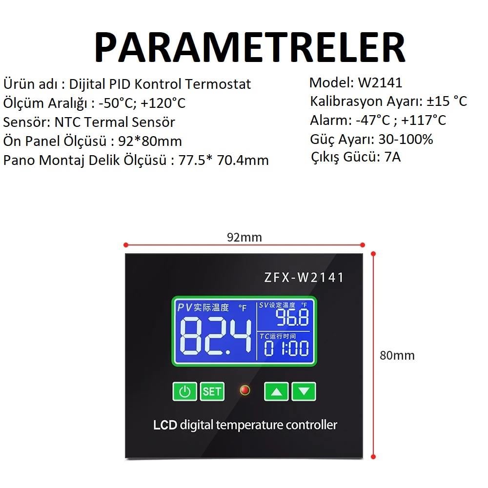 YATE10 W2142-220V/7A PID Kontrollü Termostat