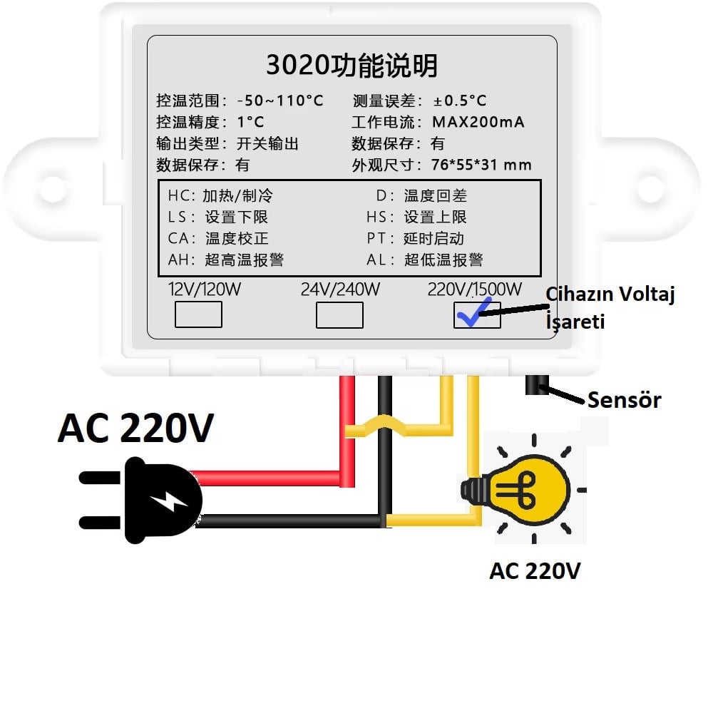YATE10 W3020 220V 10A Zaman Kontrollü Termostat