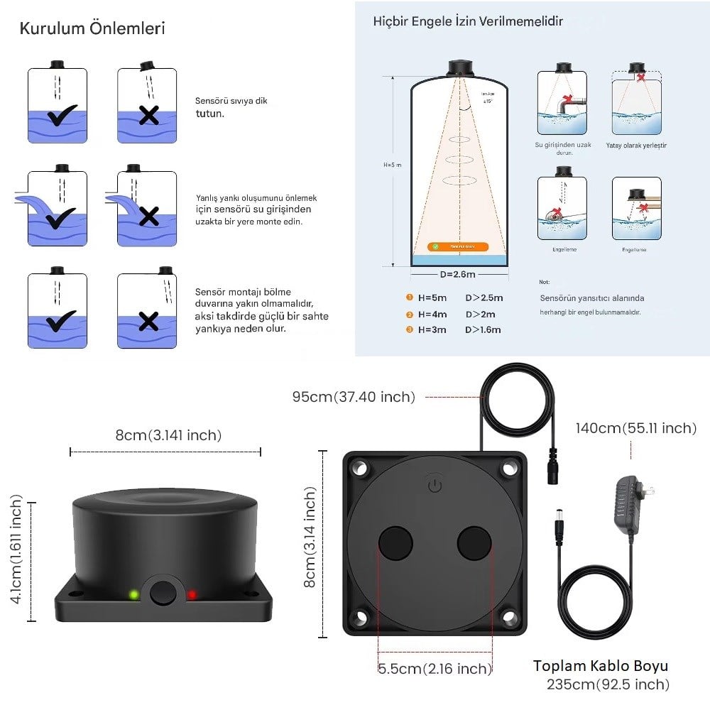 YATE10 WiFi IP65 Su Geçirmez Ultrasonik Akıllı Sıvı Seviye Monitörü Alarm  Özellikli