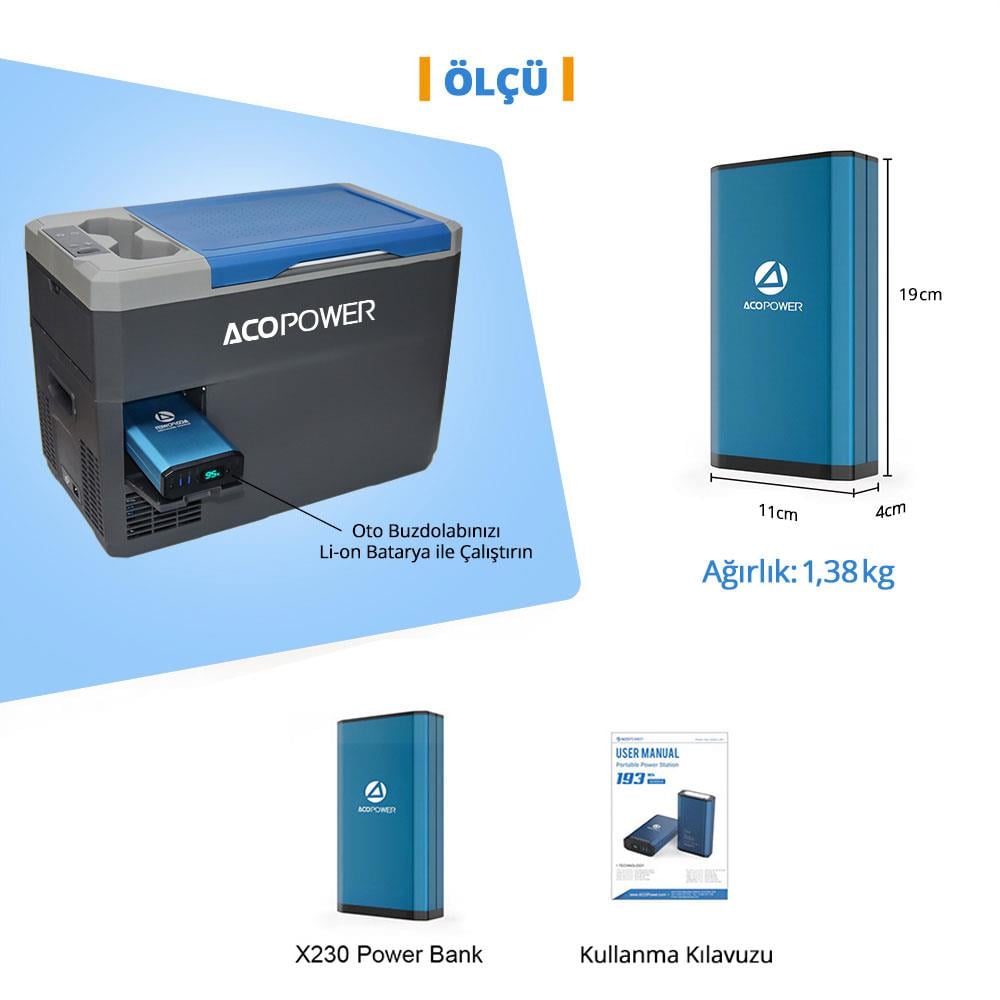 Acopoer X230 14.8Volt 13Amper Li-ion Yedek Buzdolabı Aküsü + Powerbank + LED Lamba