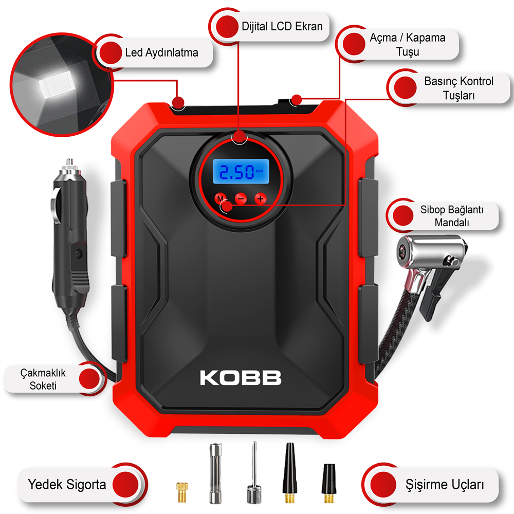 KOBB KB200 12Volt 150 PSI Dijital Basınç Göstergeli Hava Pompası