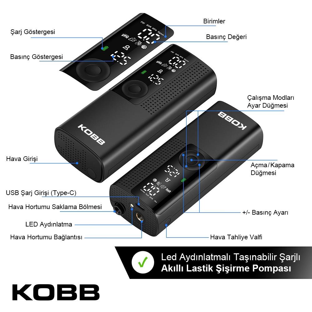 KOBB KB410 Şarjlı Li-ion 120 PSI Taşınabilir Dijital Basınç Göstergeli Led Aydınlatmalı Akıllı Lastik Şişirme Pompası