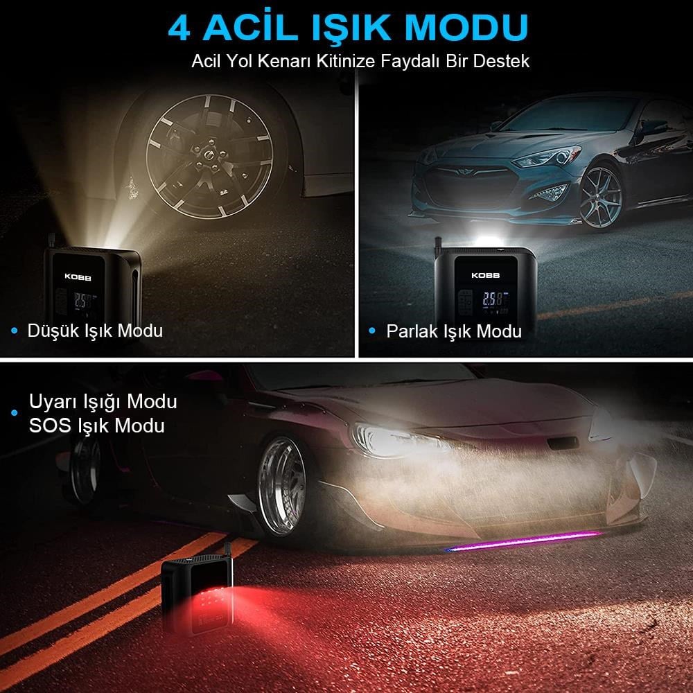 KOBB KB420 12Volt / Şarjlı Li-ion 150 PSI Taşınabilir Dijital Basınç Göstergeli Led Aydınlatmalı Akıllı Lastik Şişirme Pompası + SOS