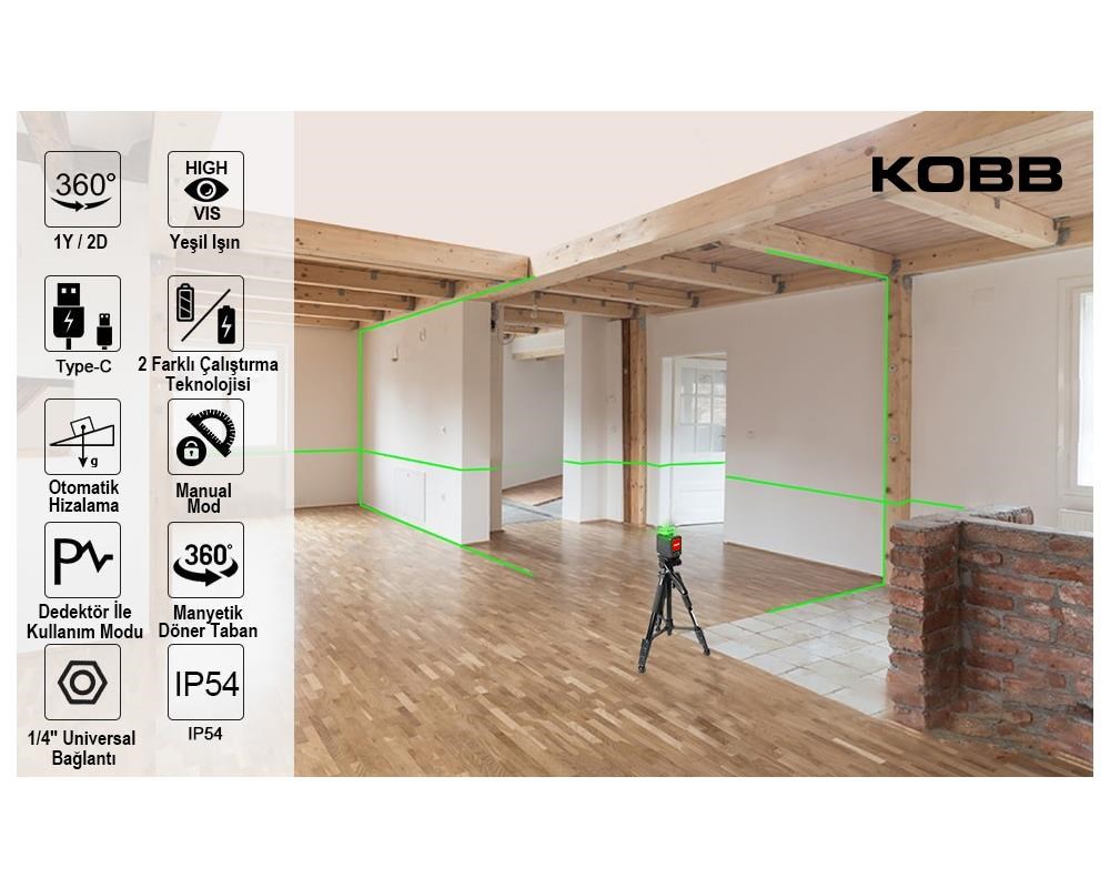 KOBB KBL33GTP 40 Metre Profesyonel Li-ion Şarjlı 2x90⁰/360⁰ Otomatik Hizalamalı Yeşil Çapraz Çizgi Lazer Distomat + Tripod