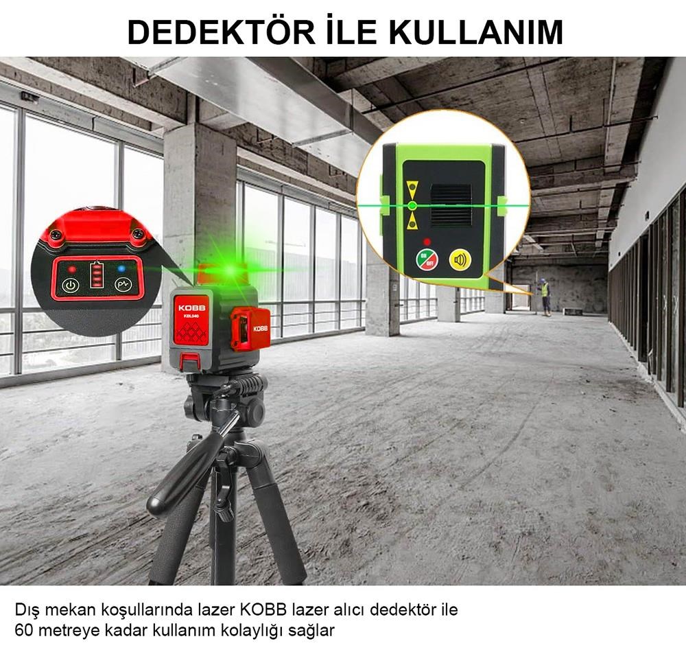 KOBB KBL34GTP 40 Metre Profesyonel Li-ion Şarjlı 3X360⁰ Otomatik Hizalamalı Yeşil Çapraz Çizgi Lazer Distomat + Tripod