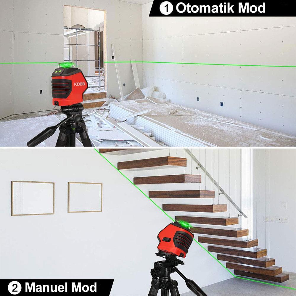 KOBB KBL88G 25 Metre Profesyonel Yatay 360° ve Dikey Otomatik Hizalamalı Nokta Şakül ve Yeşil Çapraz Çizgi Lazer Distomat