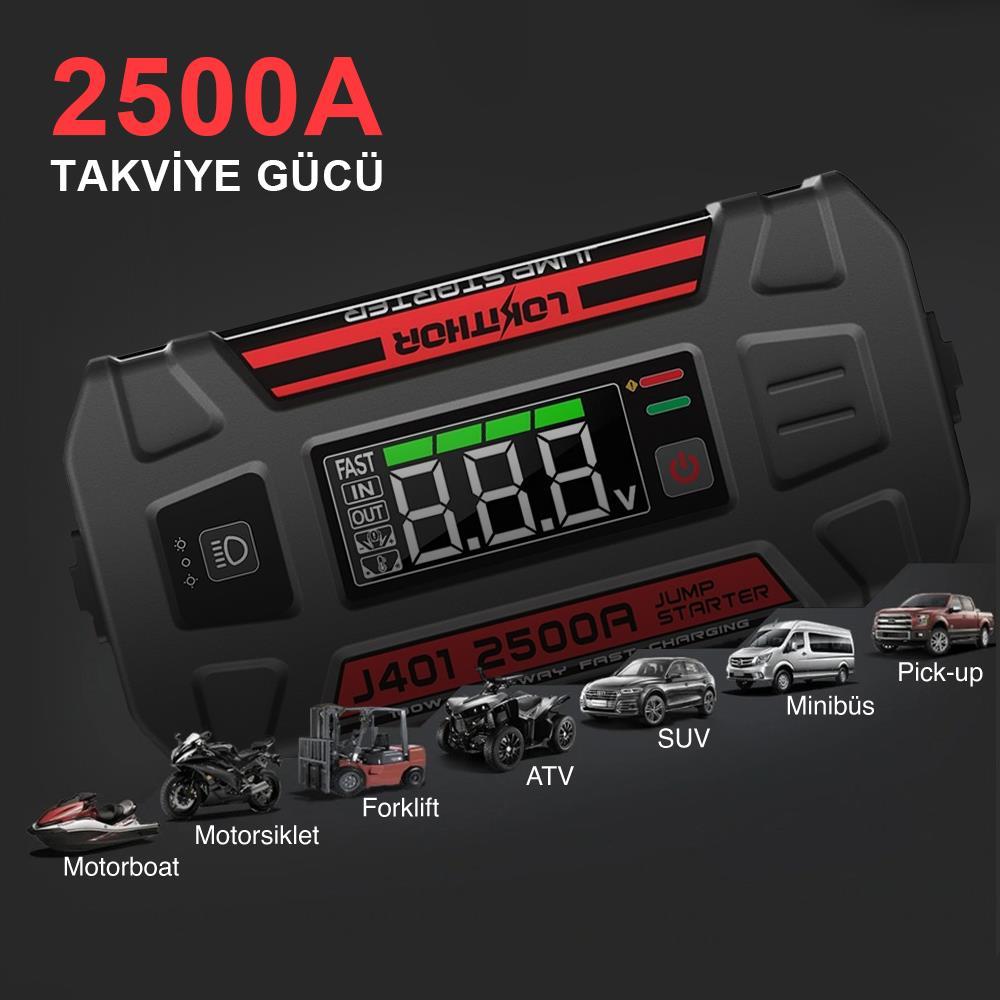 LOKITHOR J401 12V 2500Amp Li-Polimer Akıllı Akü Takviye + Powerbank + Led Lamba