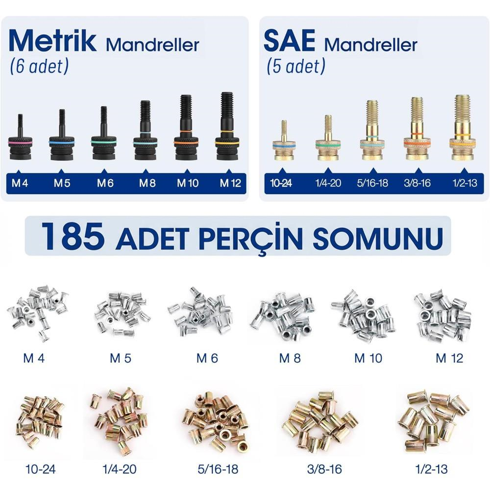 WORKPRO WP200532 400mm INC/MM Ağır Hizmet Kollu Somun Perçinleme Tabancası + 185 Adet Perçin