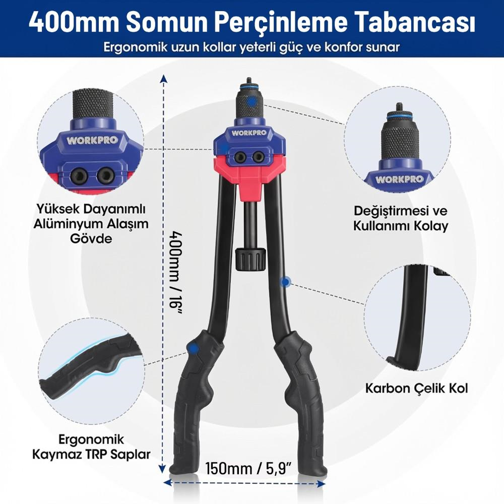 WORKPRO WP200532 400mm INC/MM Ağır Hizmet Kollu Somun Perçinleme Tabancası + 185 Adet Perçin