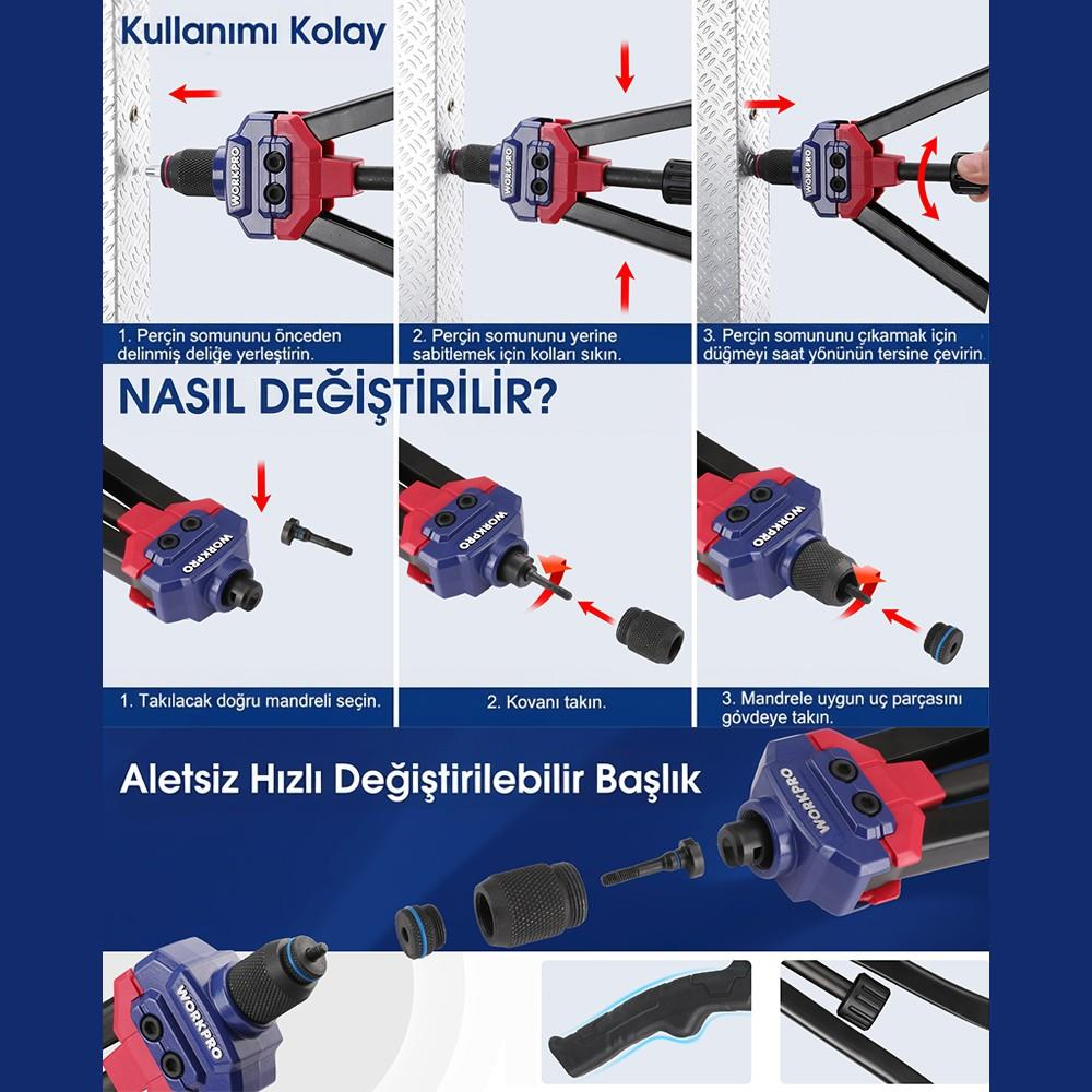 WORKPRO WP200532 400mm INC/MM Ağır Hizmet Kollu Somun Perçinleme Tabancası + 185 Adet Perçin