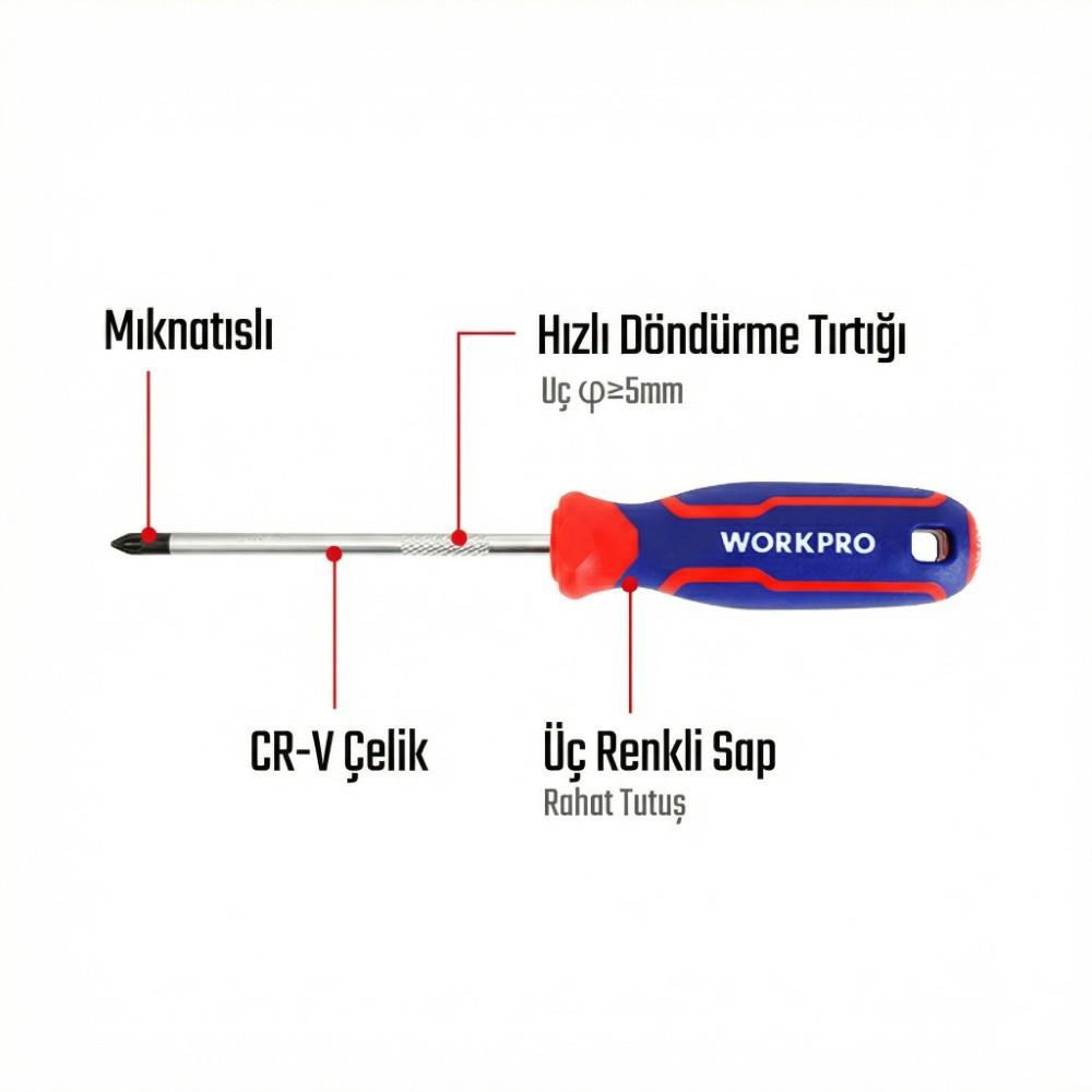 WORKPRO WP221036 PZ1x100mm CR-V Manyetik Profesyonel Yıldız Tornavida