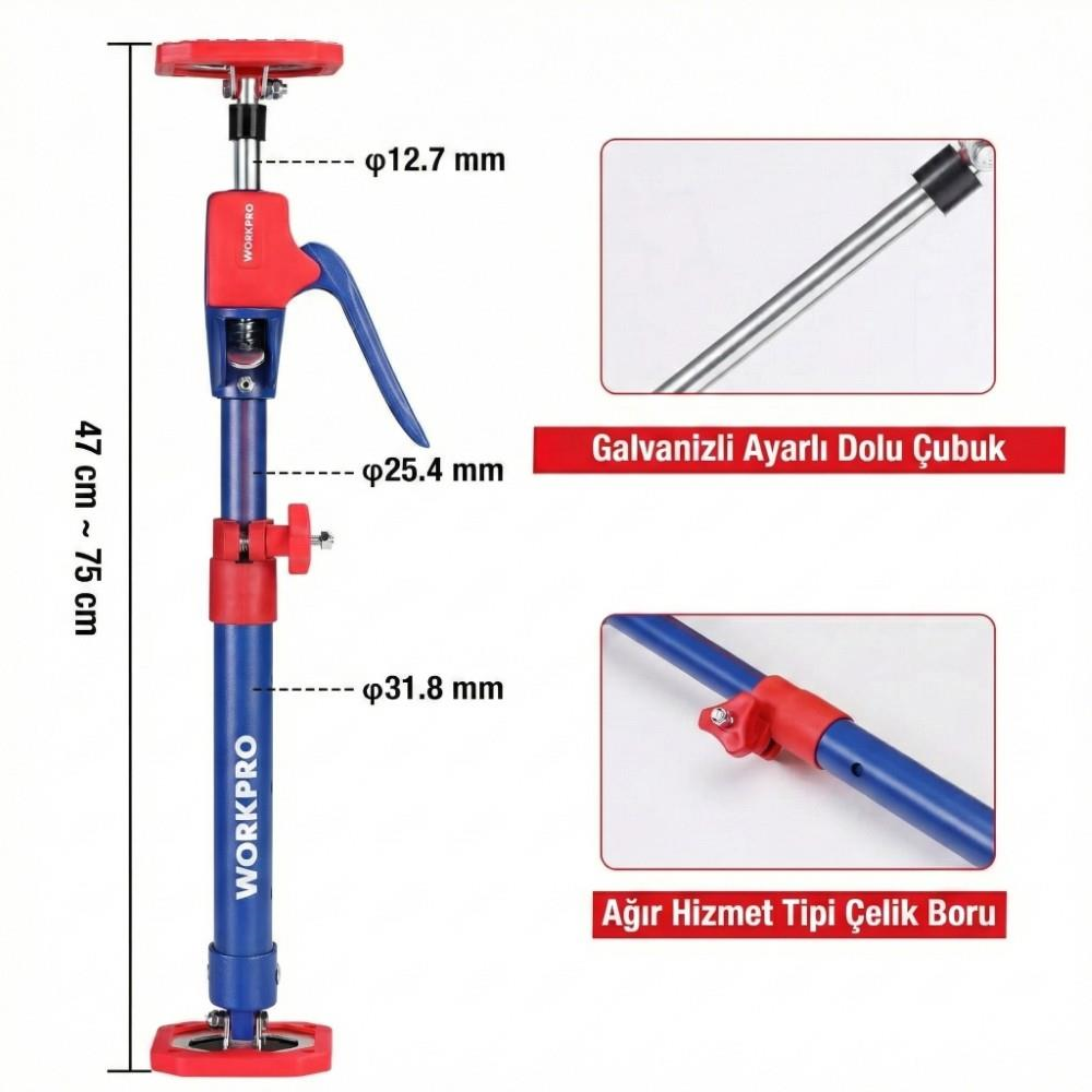 WORKPRO WP289036 47-75cm 70Kg Teleskobik Mandallı Ayarlanabilir 2’Li Çelik Destek Direği + Taşıma Çantası