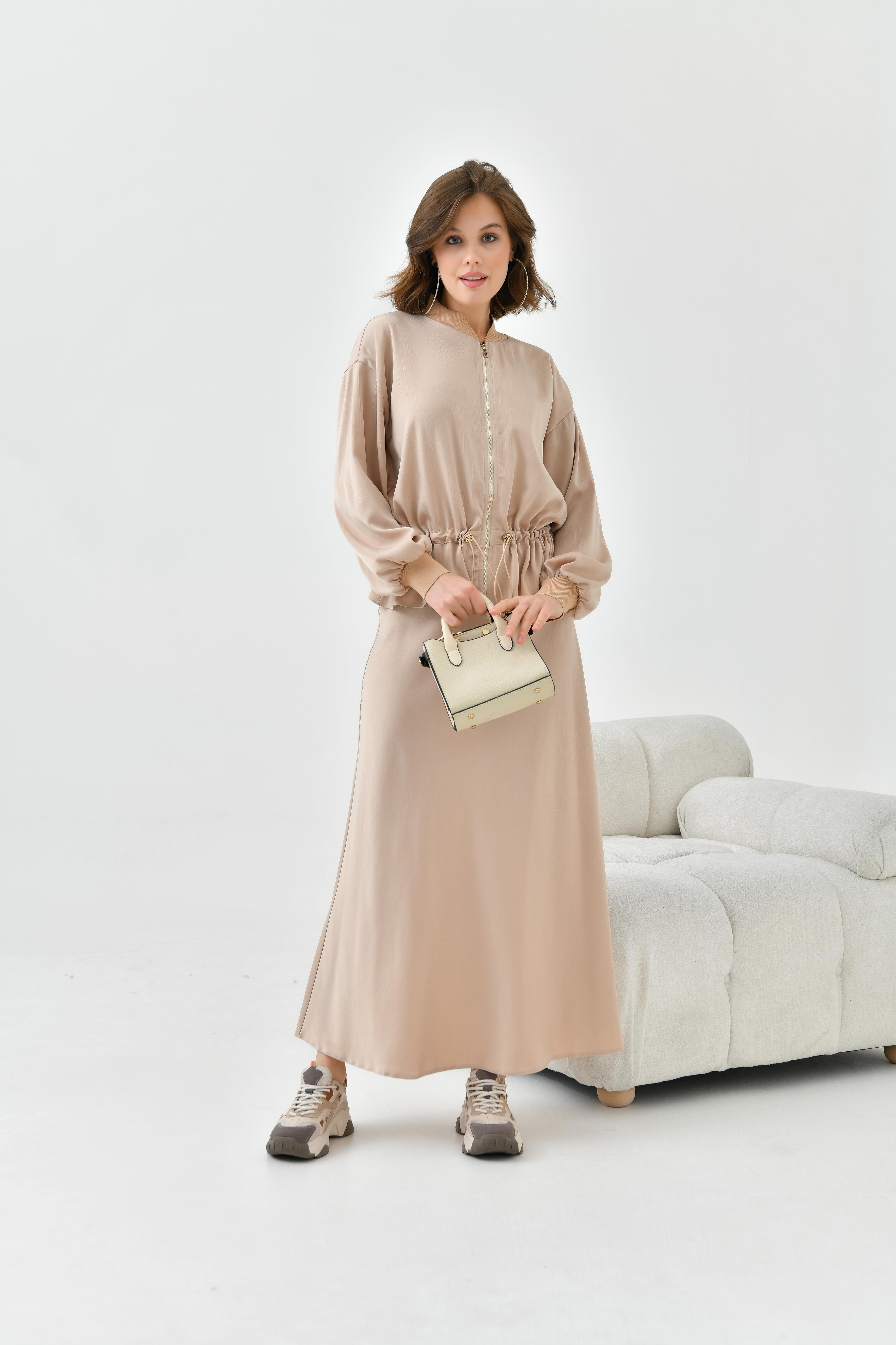 Firoy Kadın Büzgülü Ceketli Etekli Takım  Beige