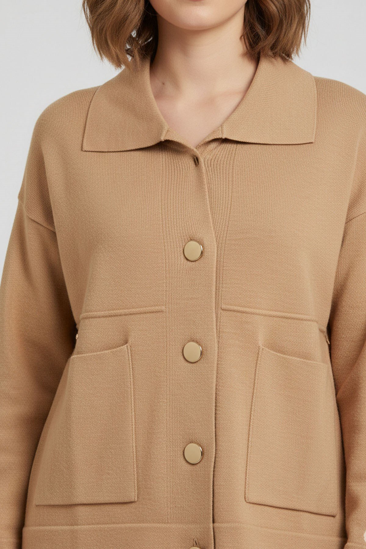 Firoy Kadın Cep Detaylı Hırka  Bisküvi