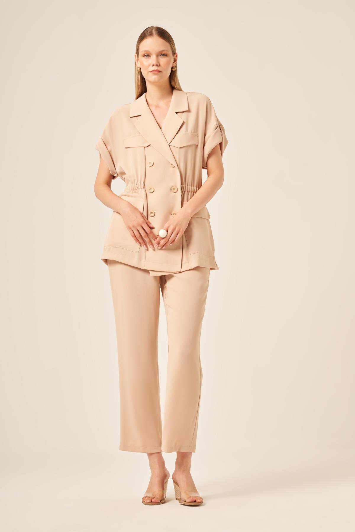 Firoy Kadın Crep Pantolonlu Takım  Beige