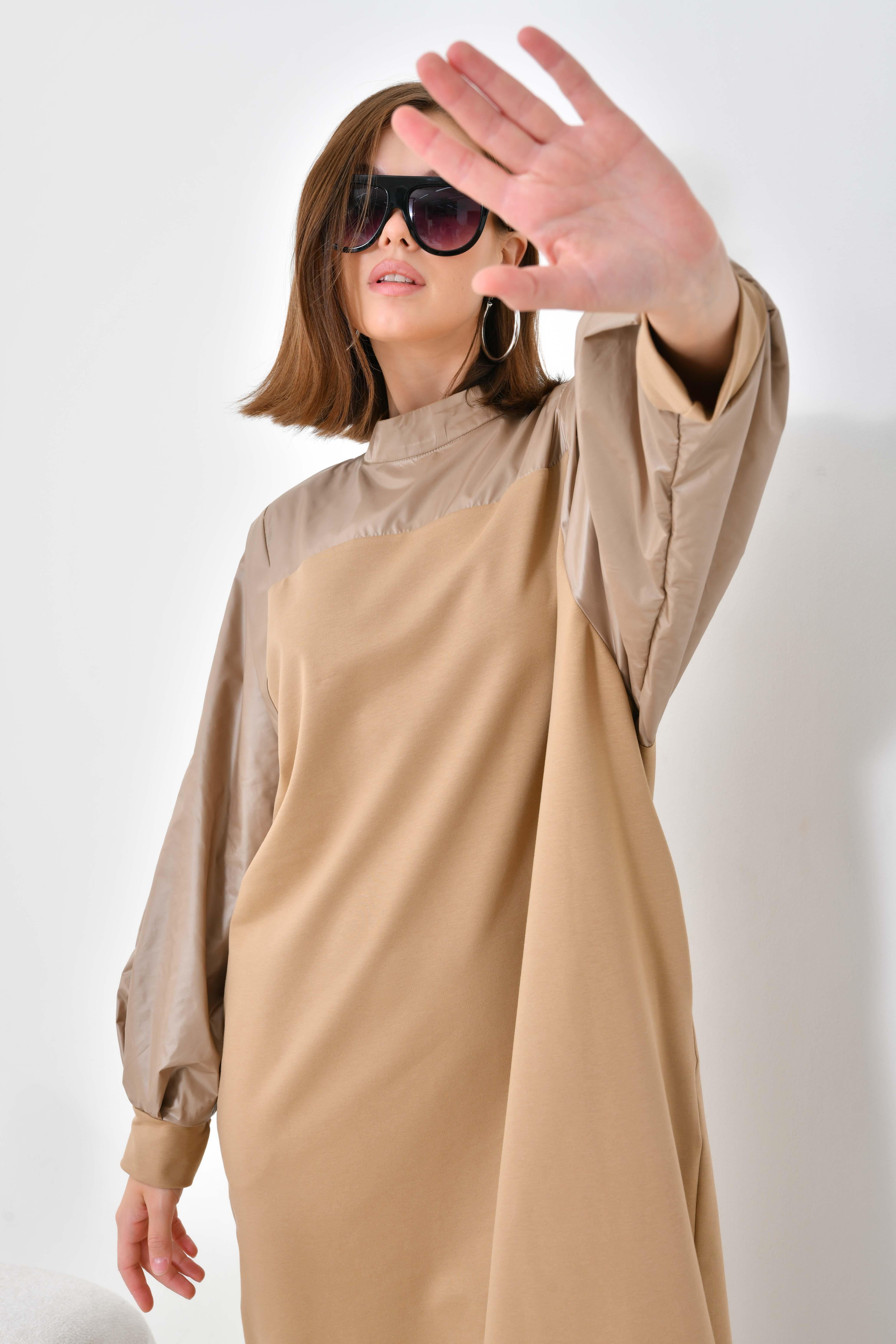 Firoy Kadın Deri Detaylı Elbise  Beige