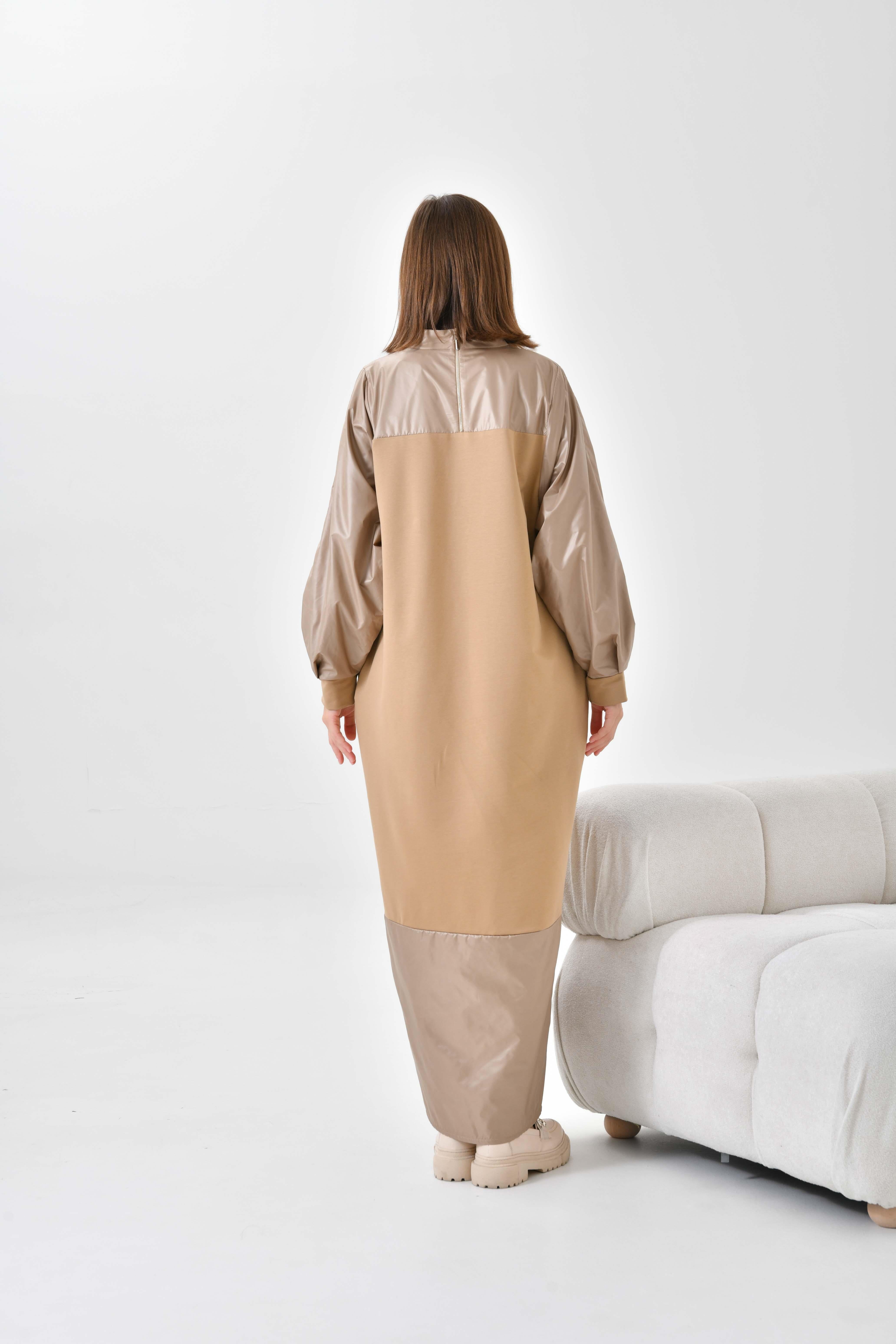 Firoy Kadın Deri Detaylı Elbise  Beige