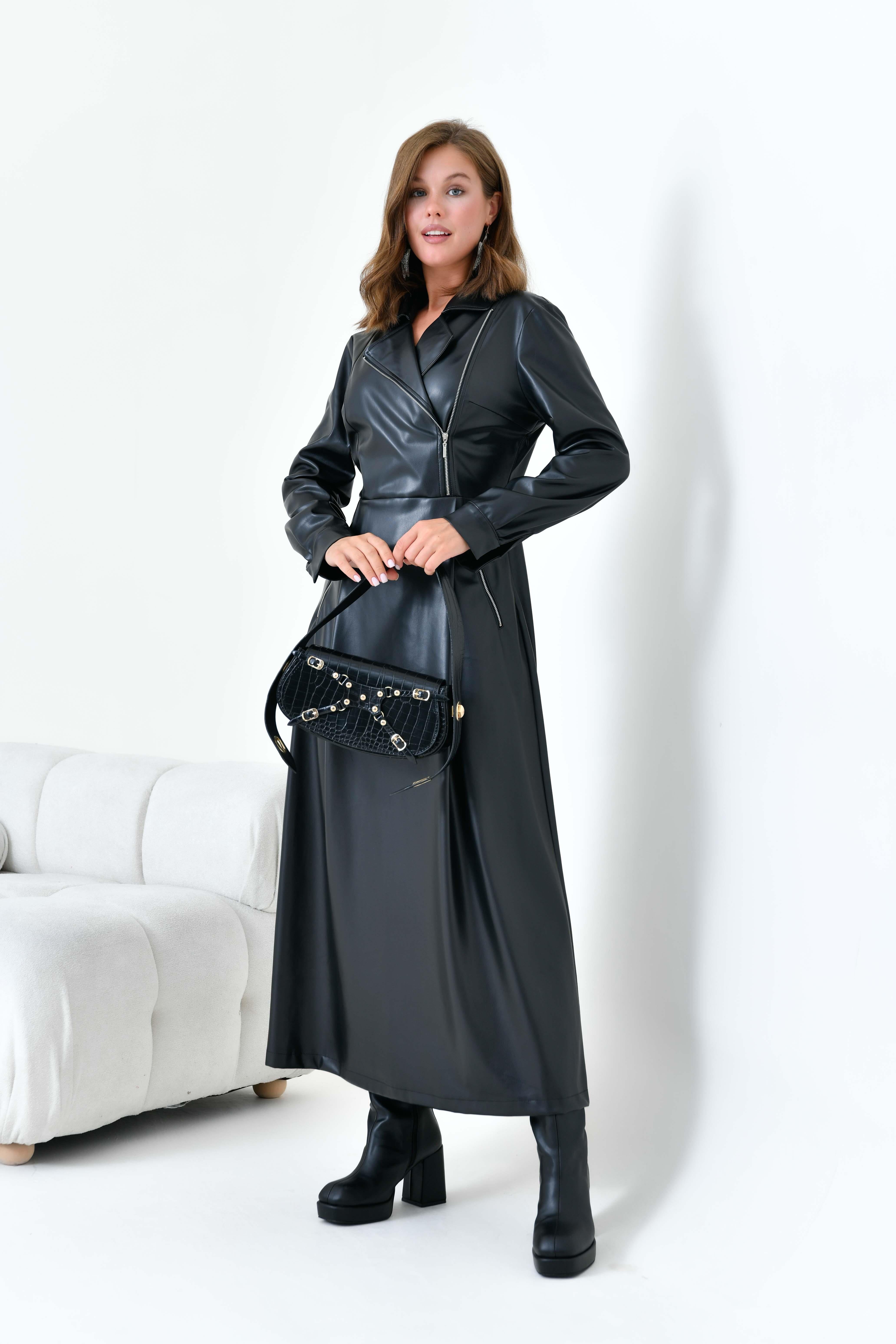 Firoy Kadın Deri Elbise  Siyah
