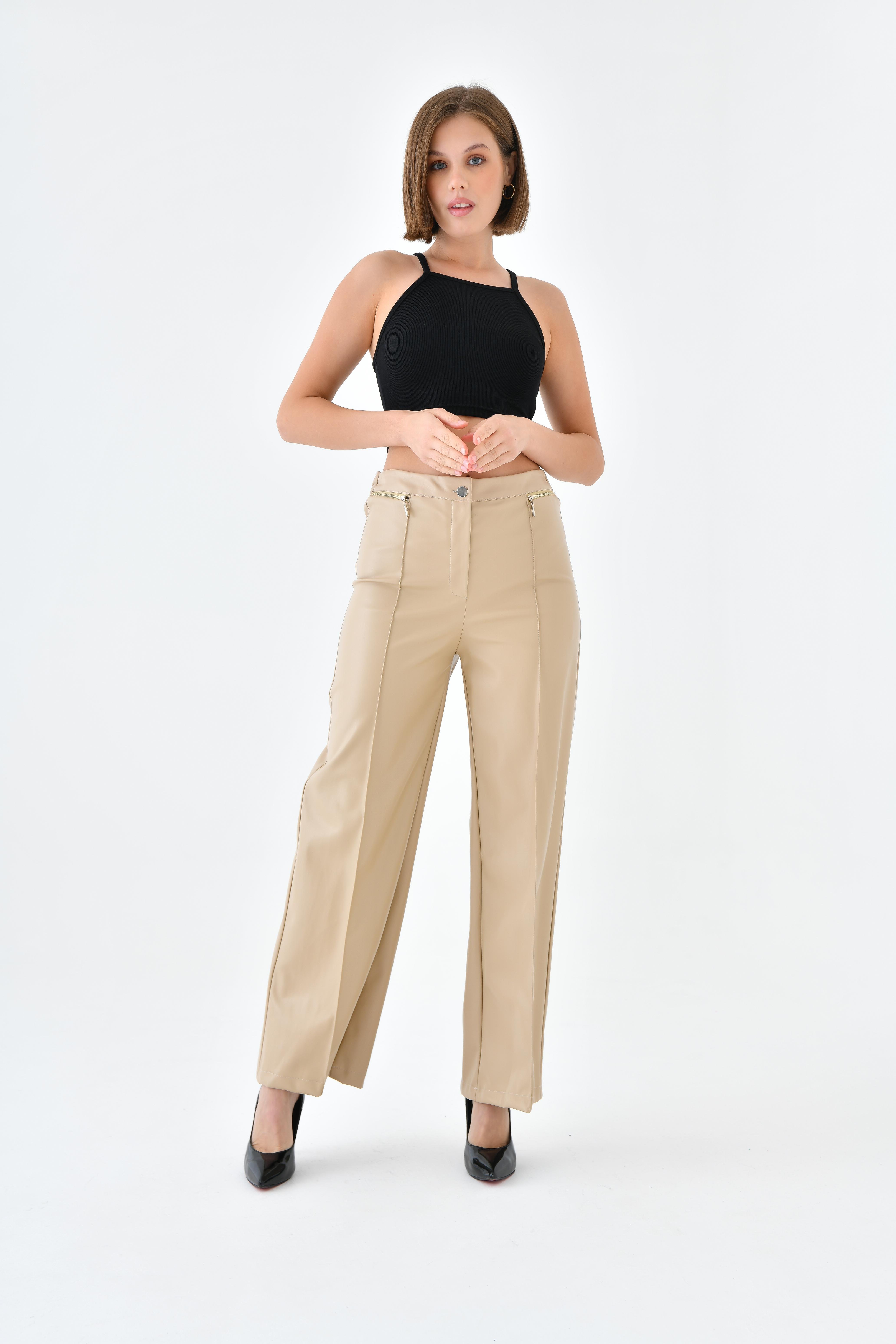 Firoy Kadın Deri Pantolon  Beige