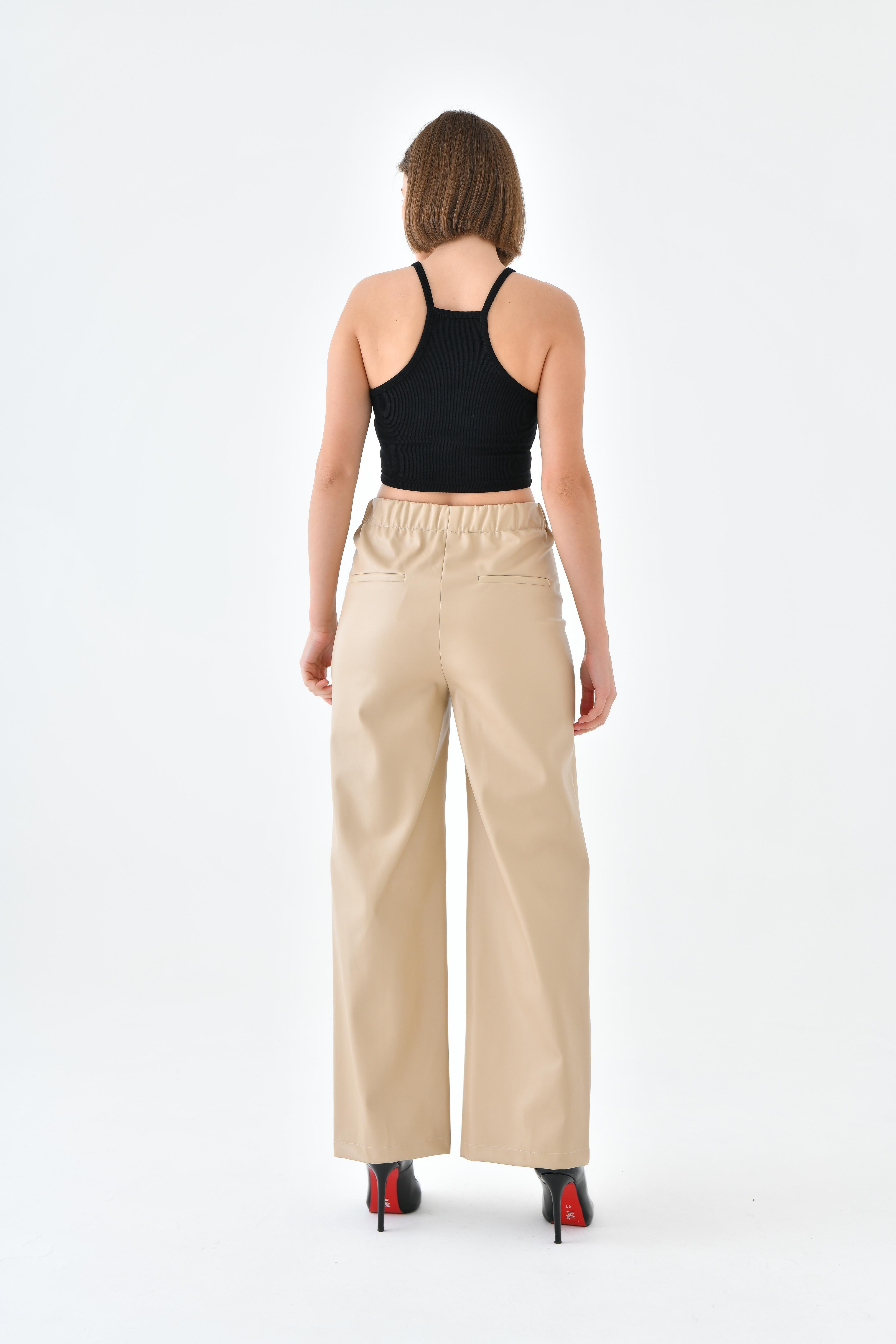 Firoy Kadın Deri Pantolon  Beige