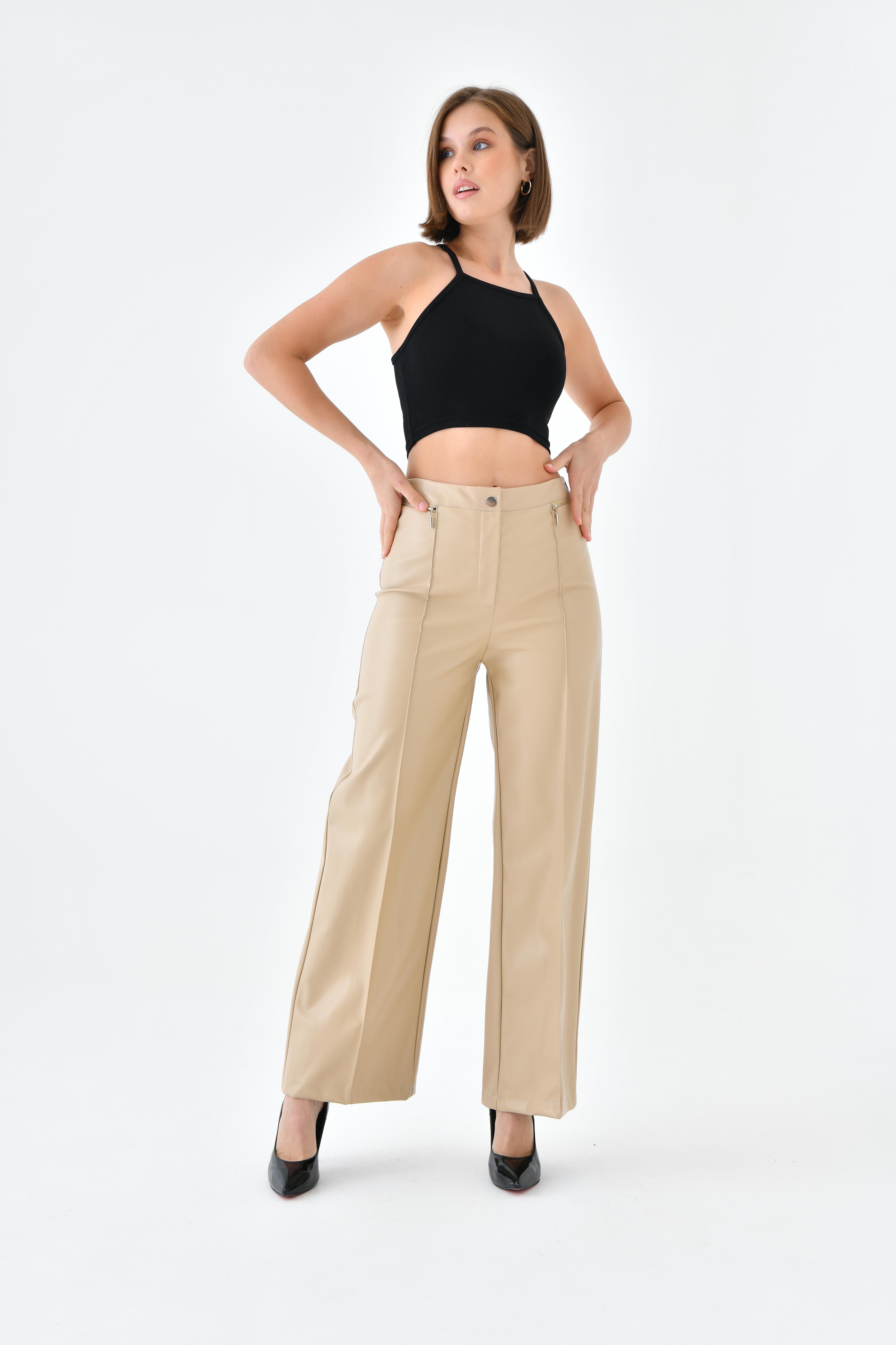 Firoy Kadın Deri Pantolon  Beige