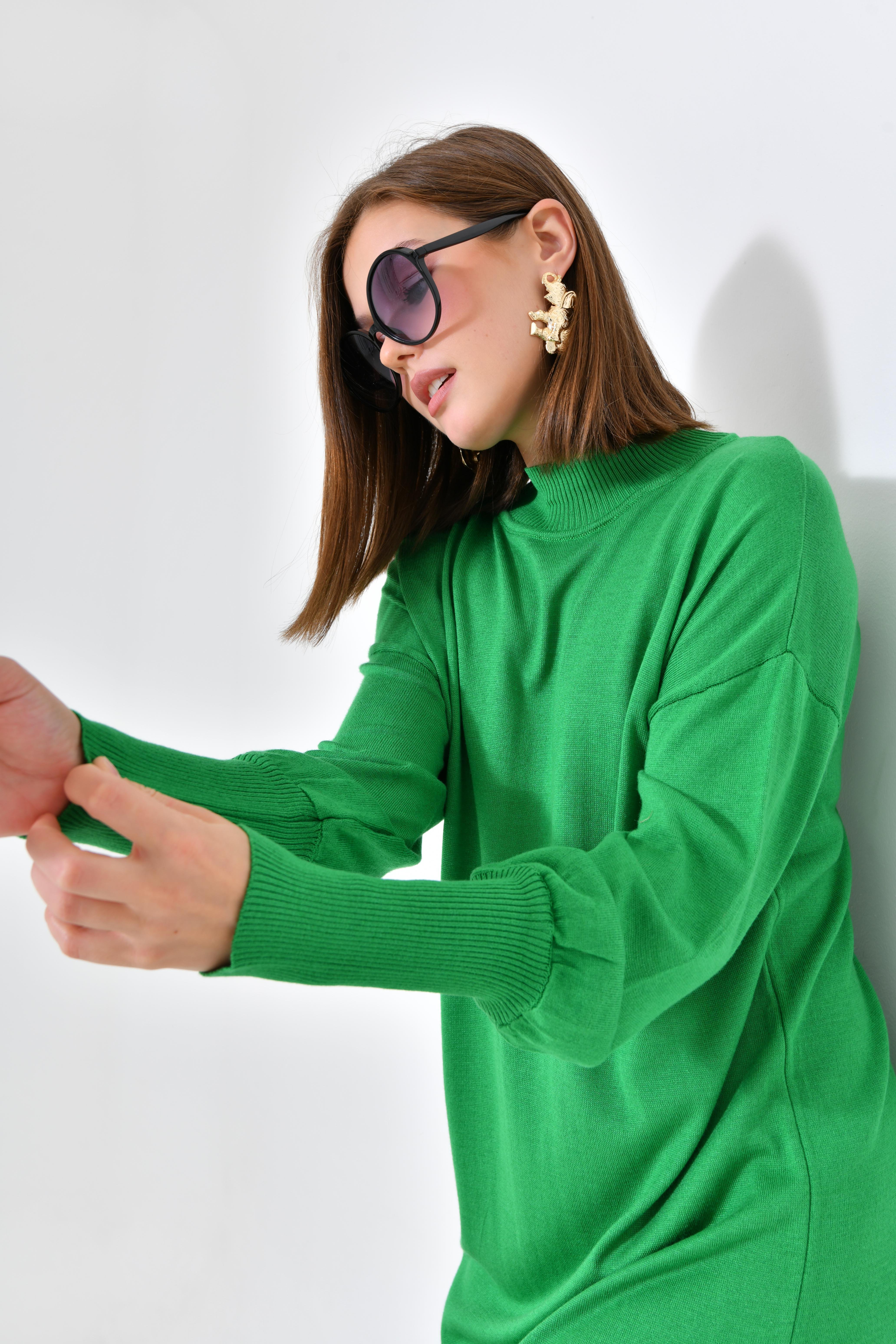 Firoy Kadın DÜz Basic Tunik  Yeşil