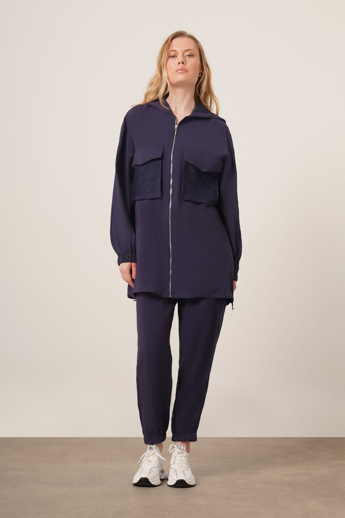 Firoy Kadın File Detaylı Pantolonlu Takım  Lacivert