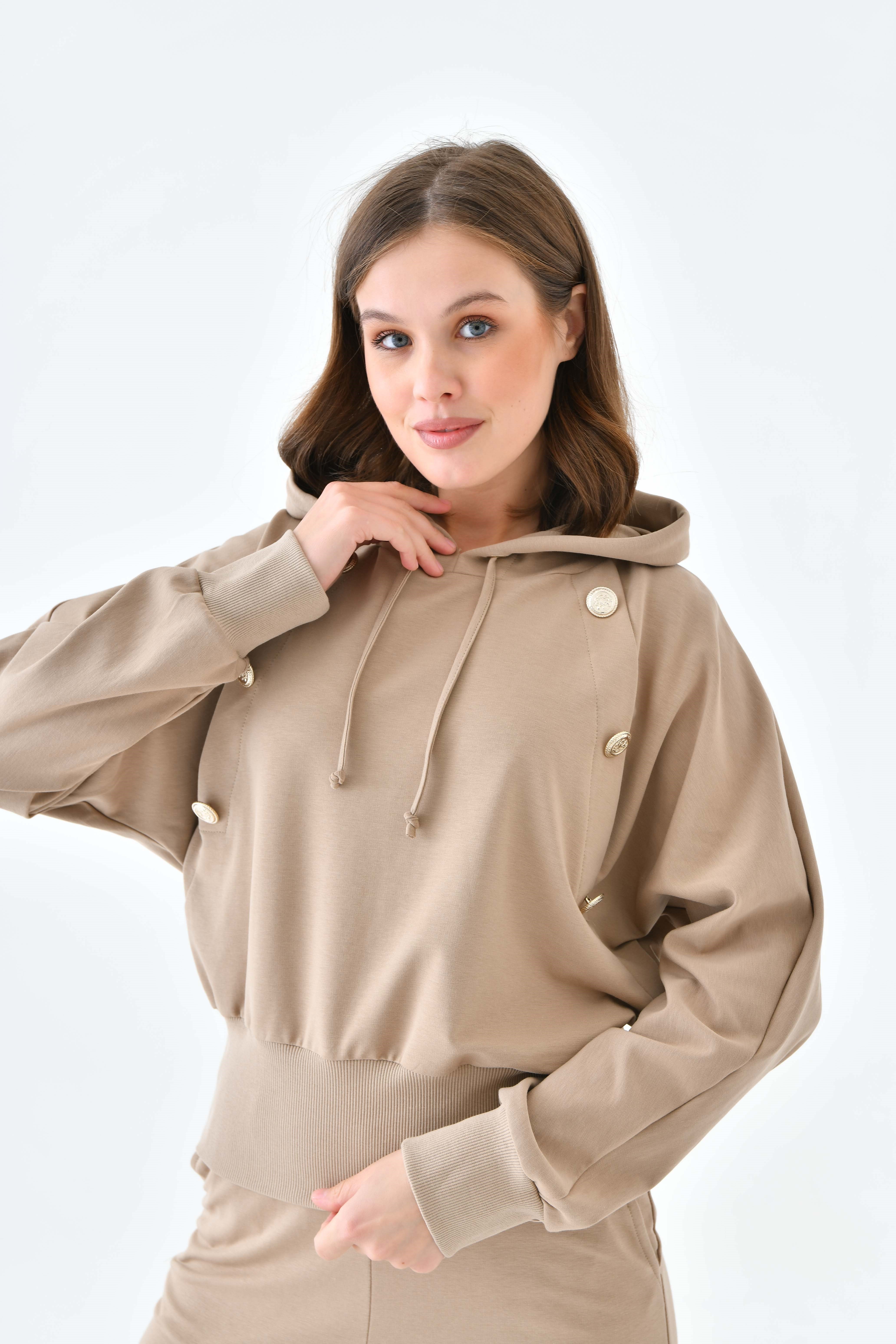 Firoy Kadın İki İp Düğme Detaylı Takım  Beige