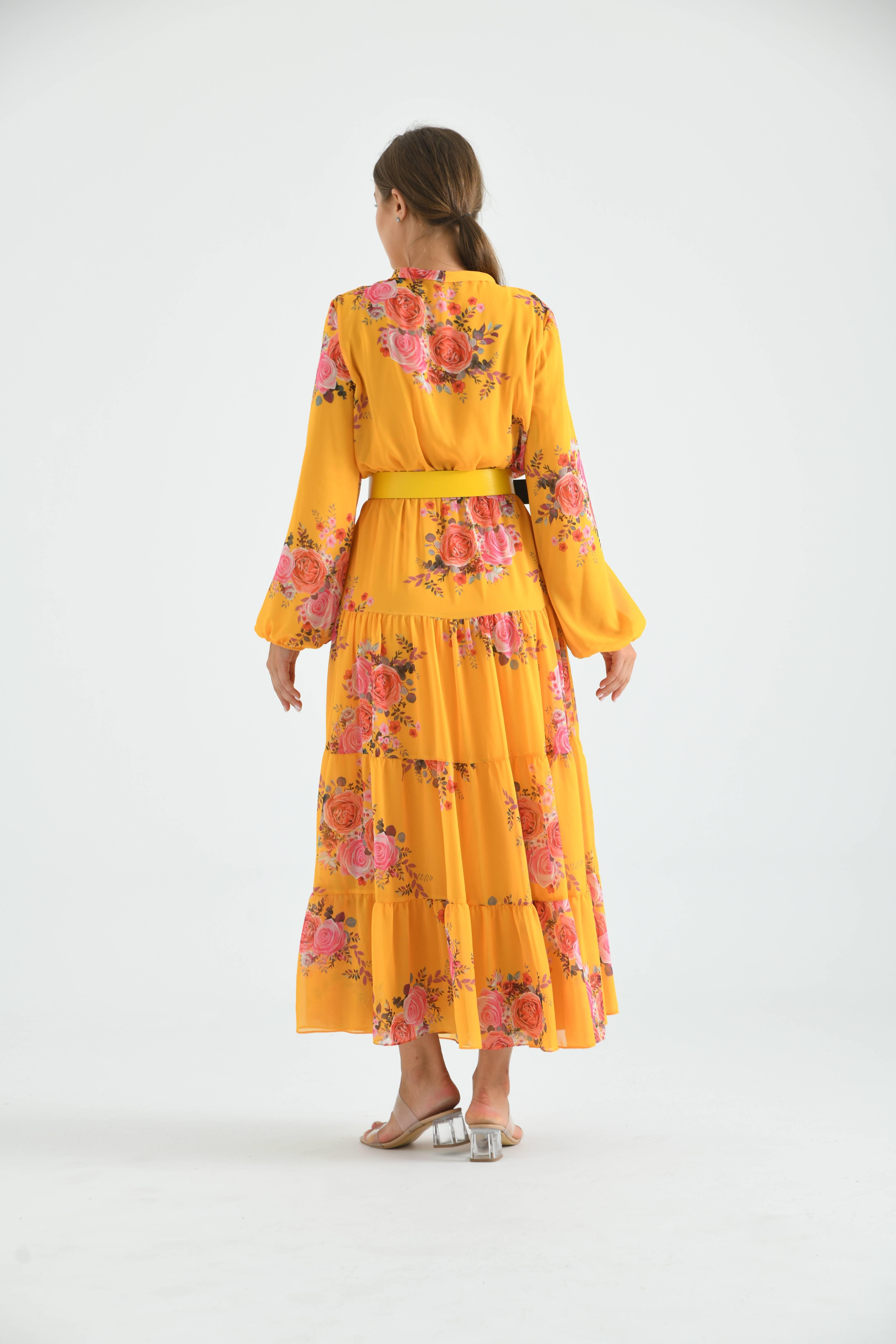 Firoy Kadın İpek Şifon Elbise  Sarı