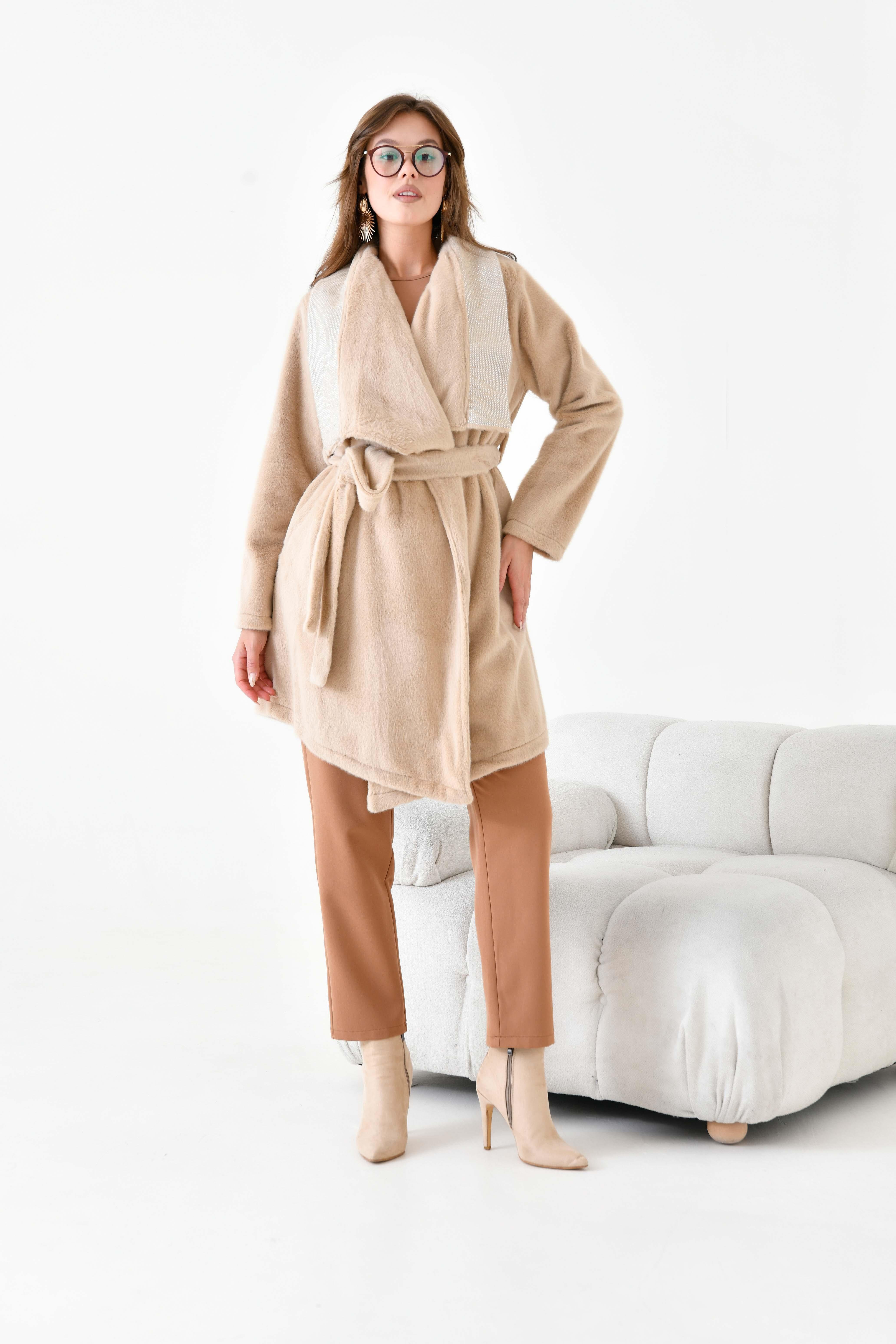 Firoy Kadın Kaşe Kaban  Beige
