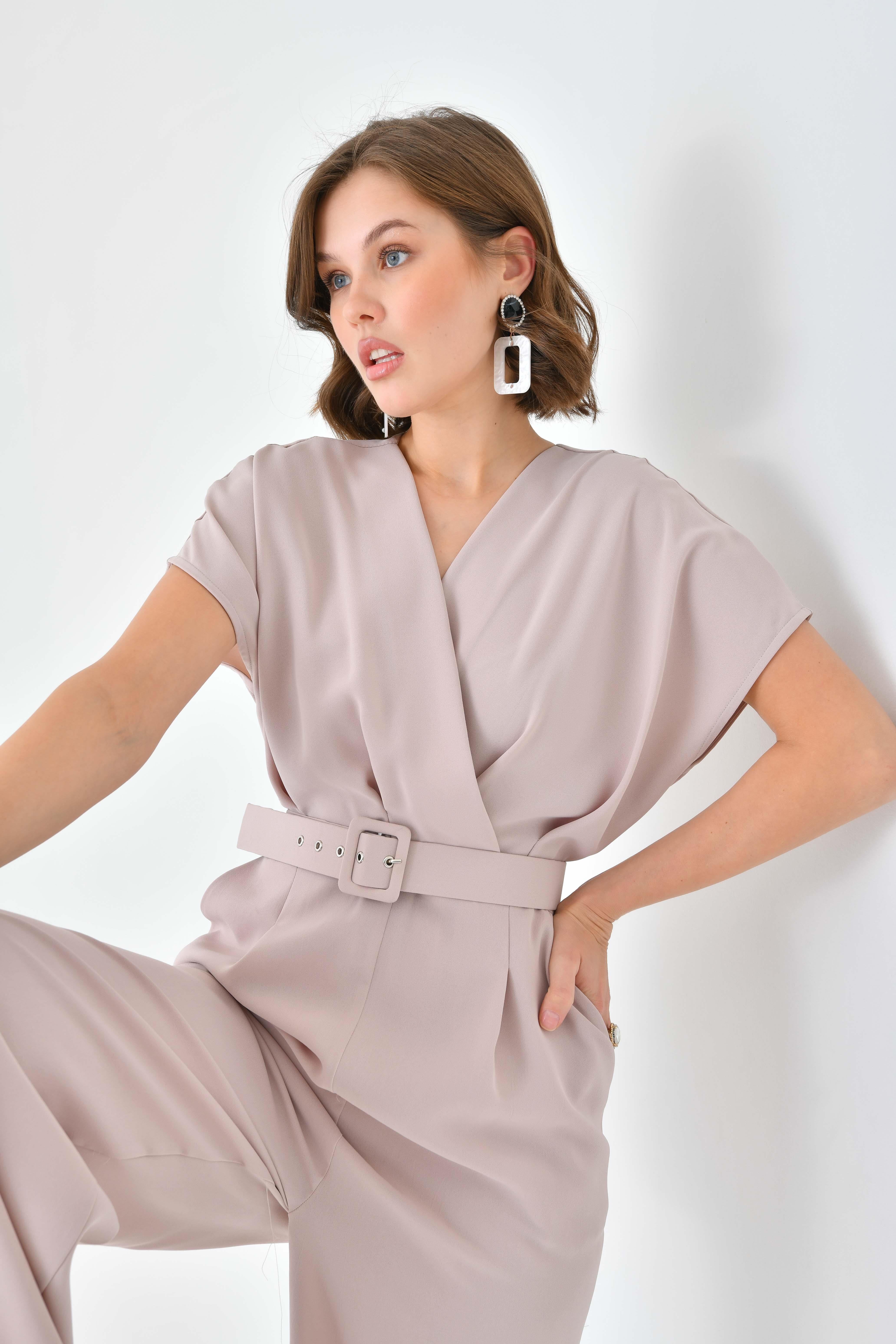 Firoy Kadın Kemerli Tulum  Beige