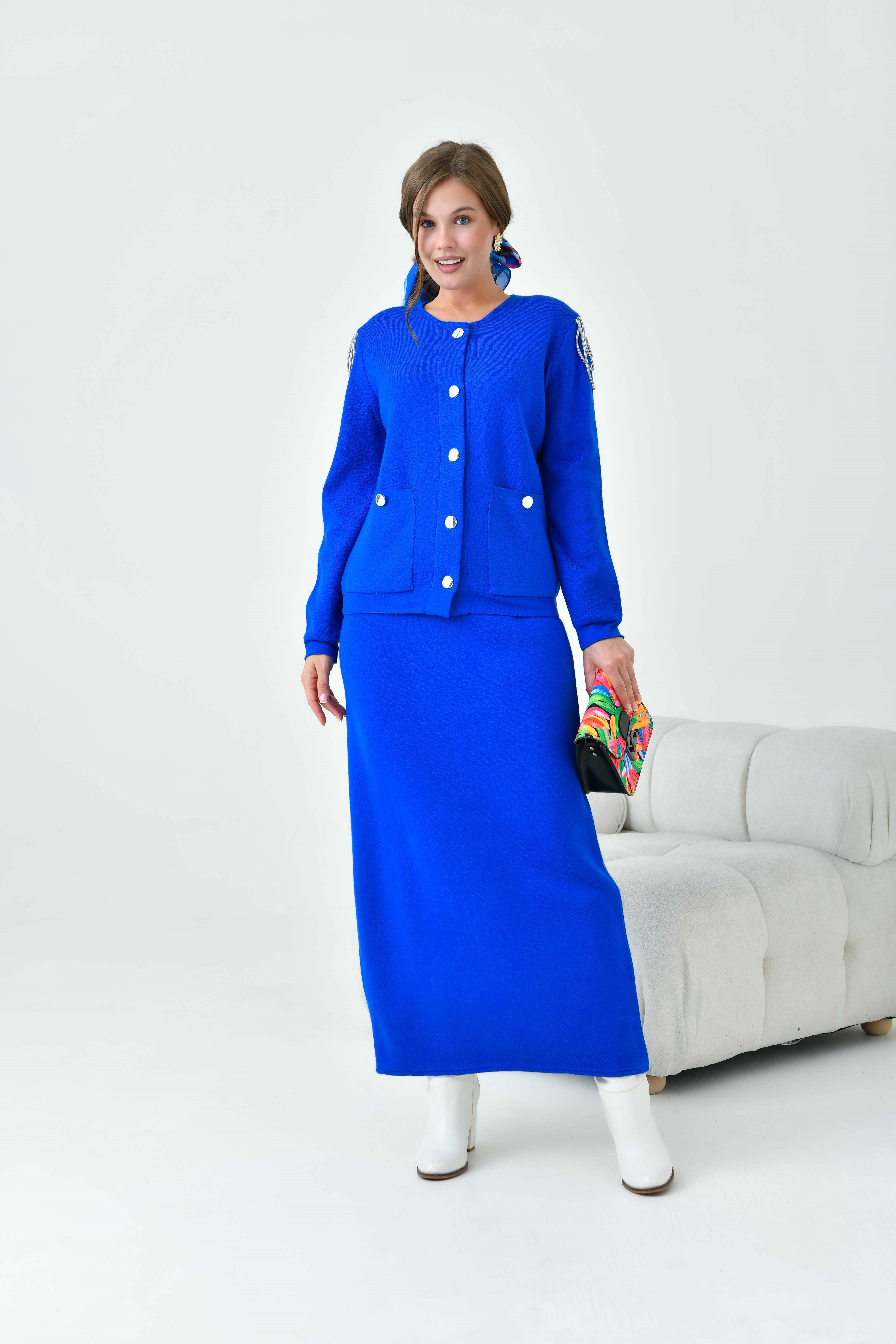 Firoy Kadın Kol Detaylı İkili Takım  Saks Mavi