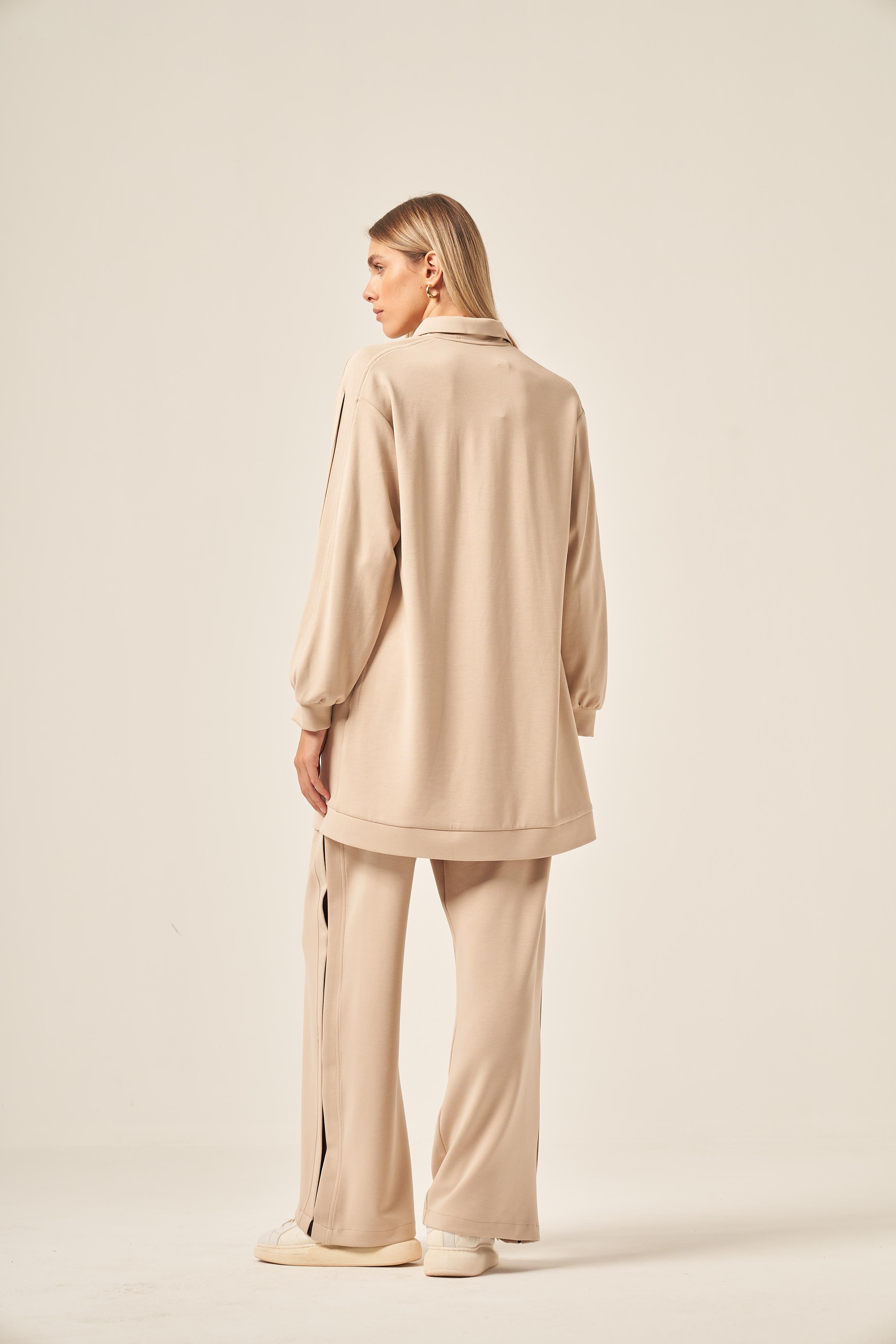 Firoy Kadın Kol Detaylı Pantolonlu Takım  Beige
