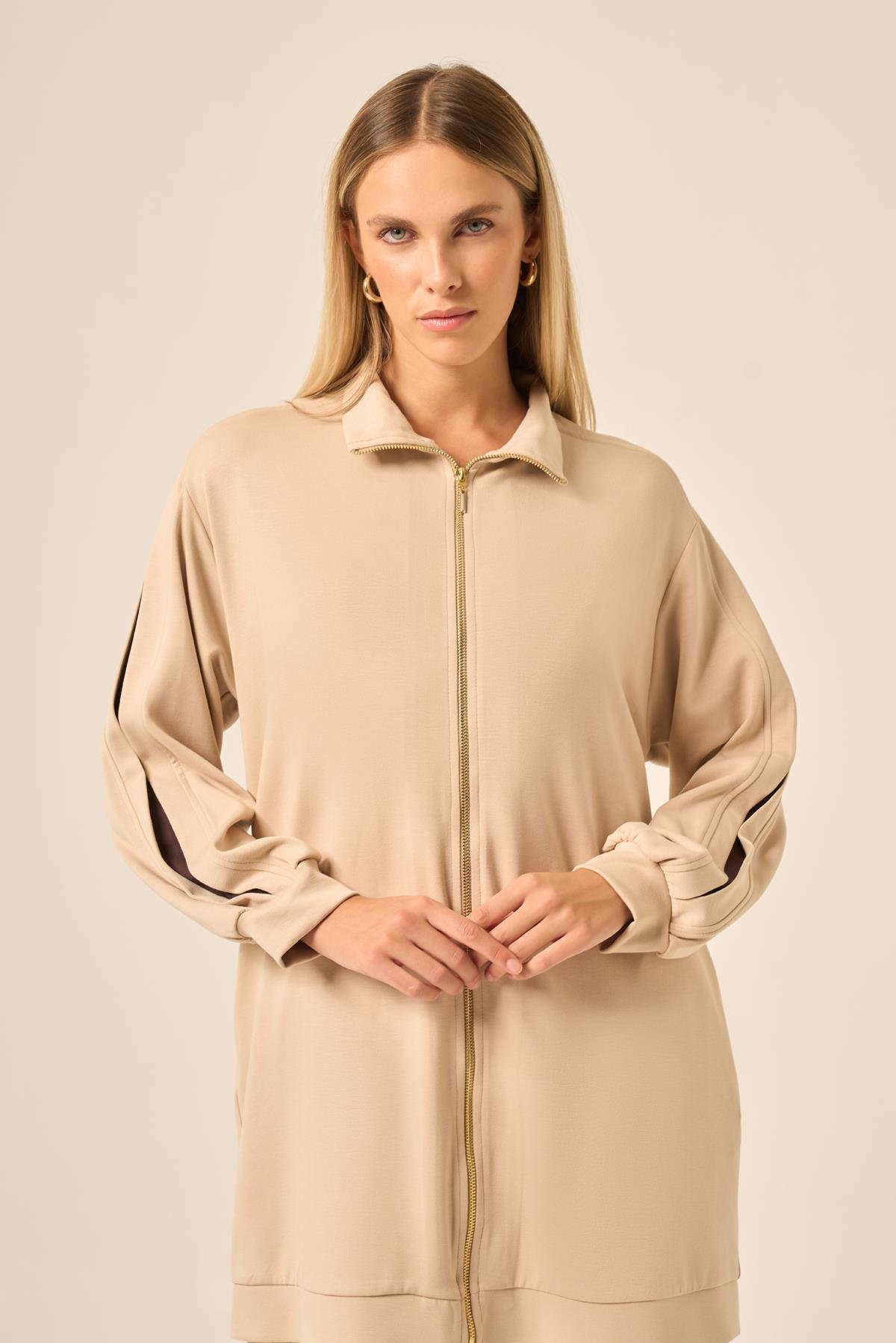 Firoy Kadın Kol Detaylı Pantolonlu Takım  Beige