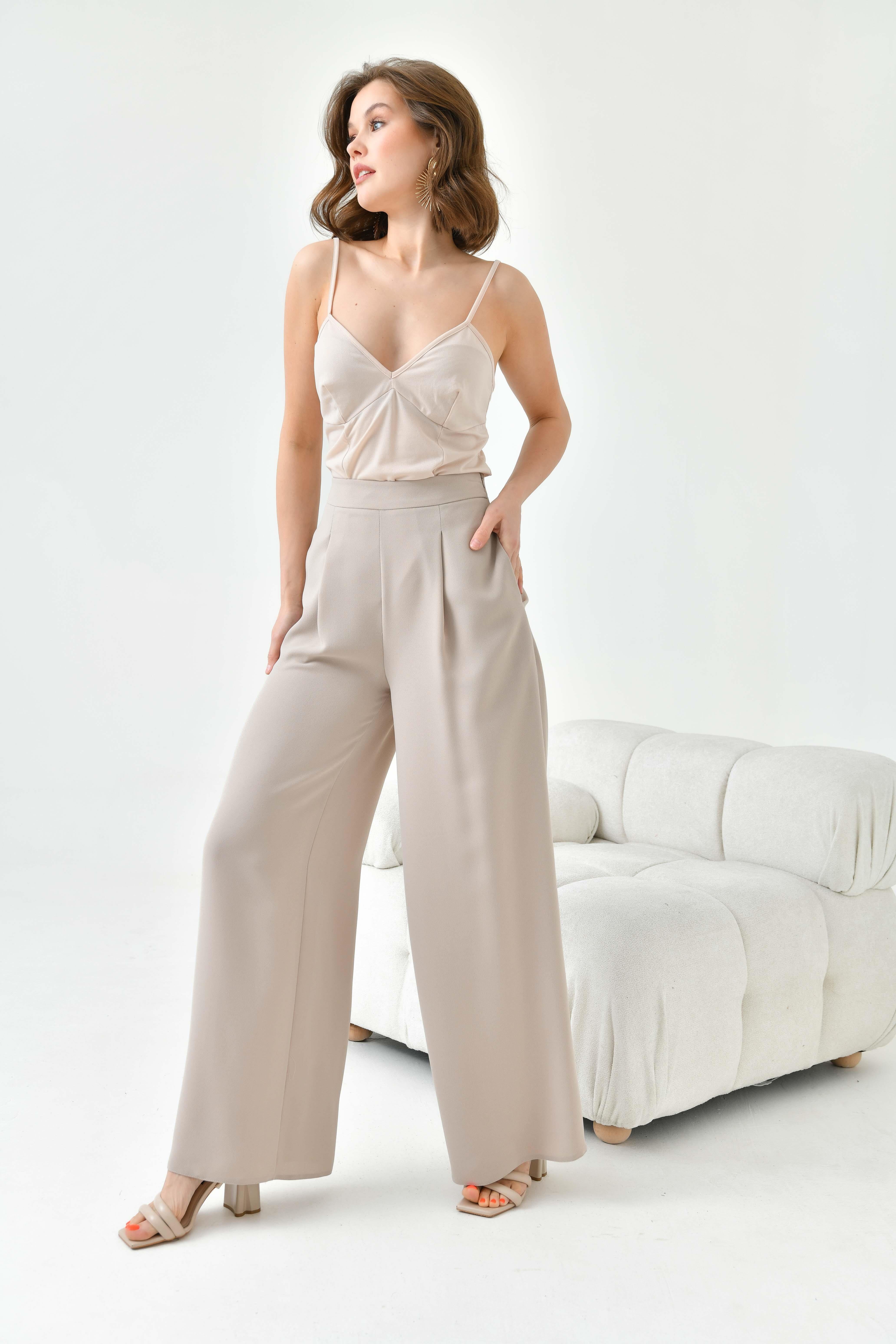 Firoy Kadın Lastikli Pantolon  Beige