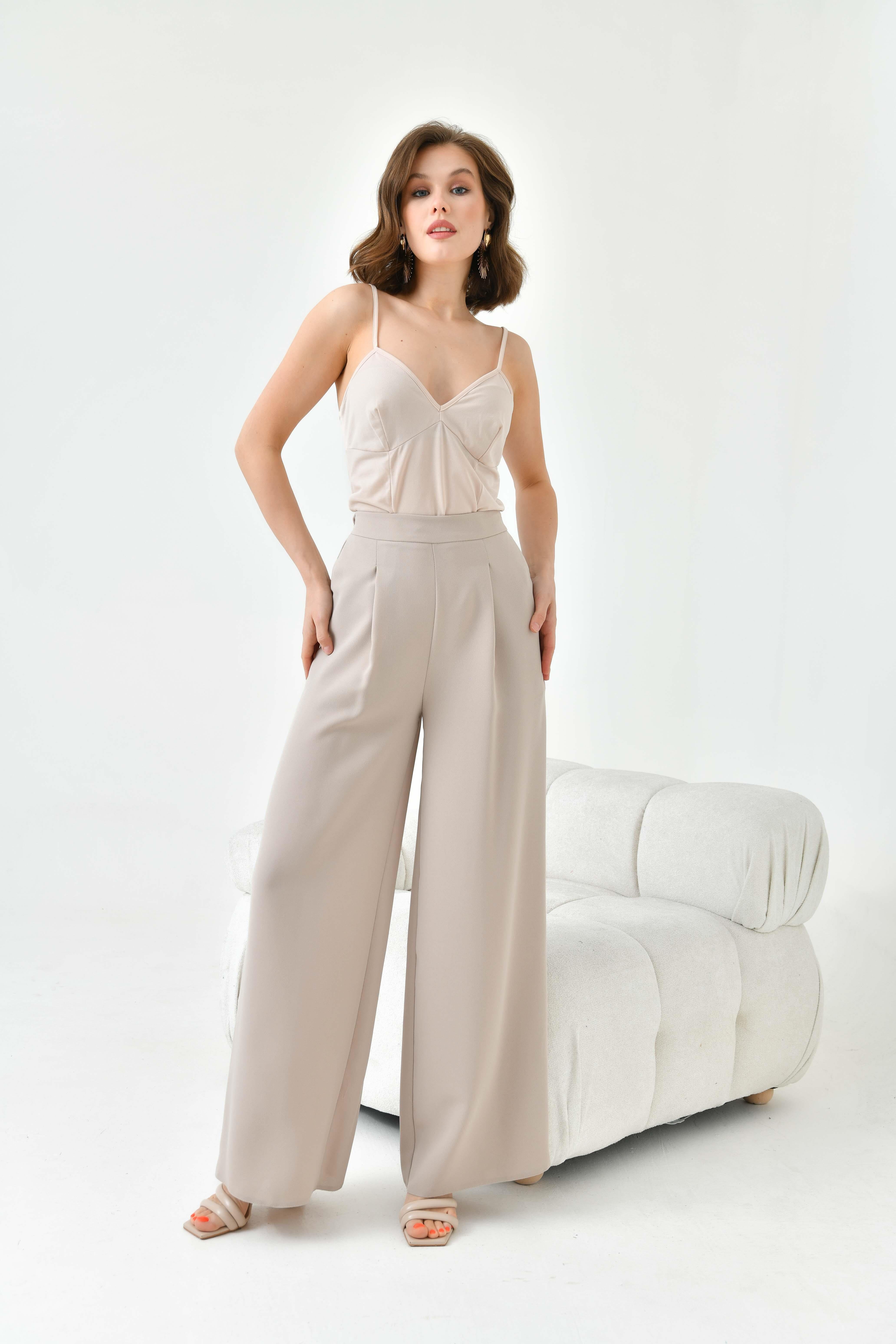 Firoy Kadın Lastikli Pantolon  Beige