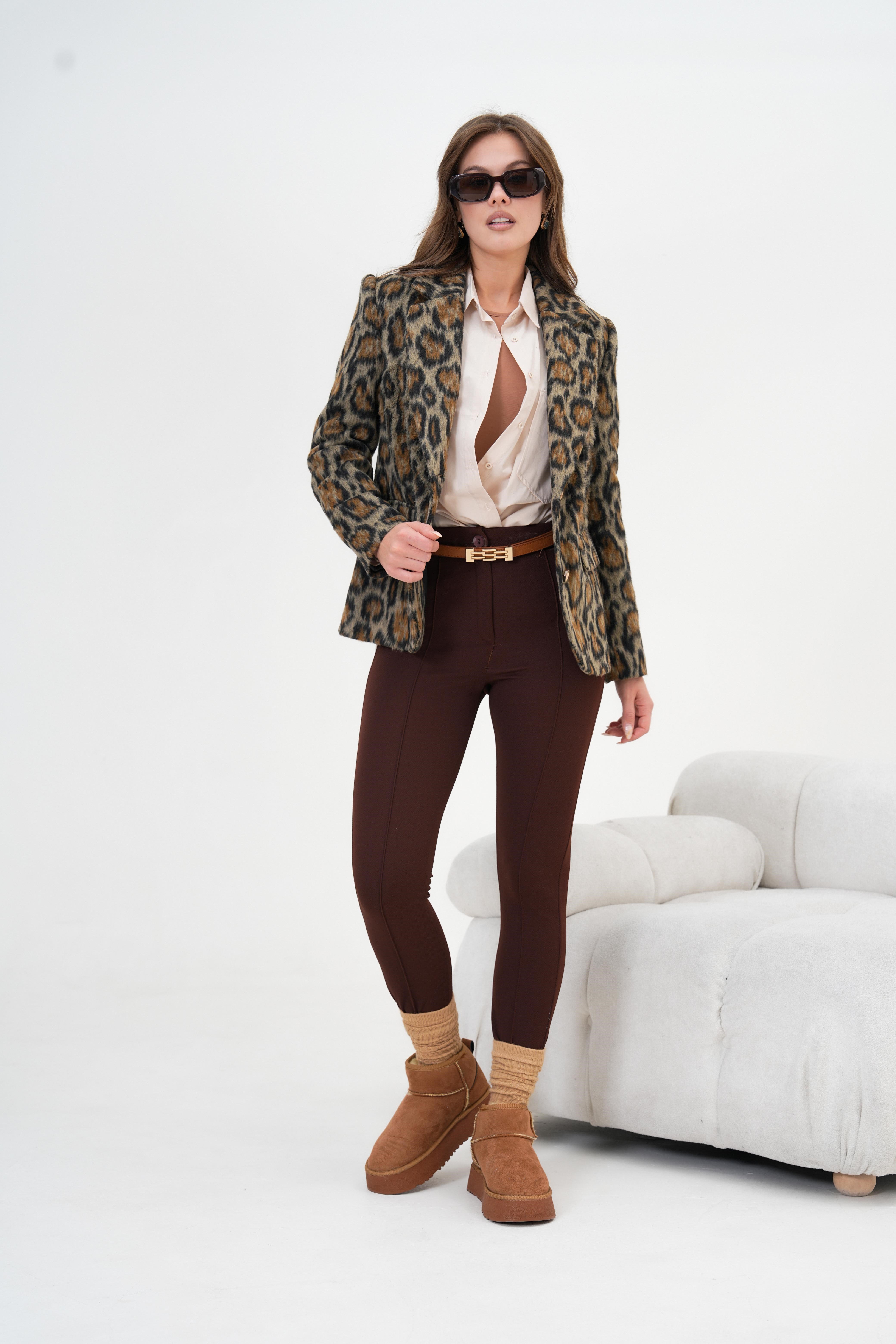 Firoy Kadın Leopar Ceket  Kahve