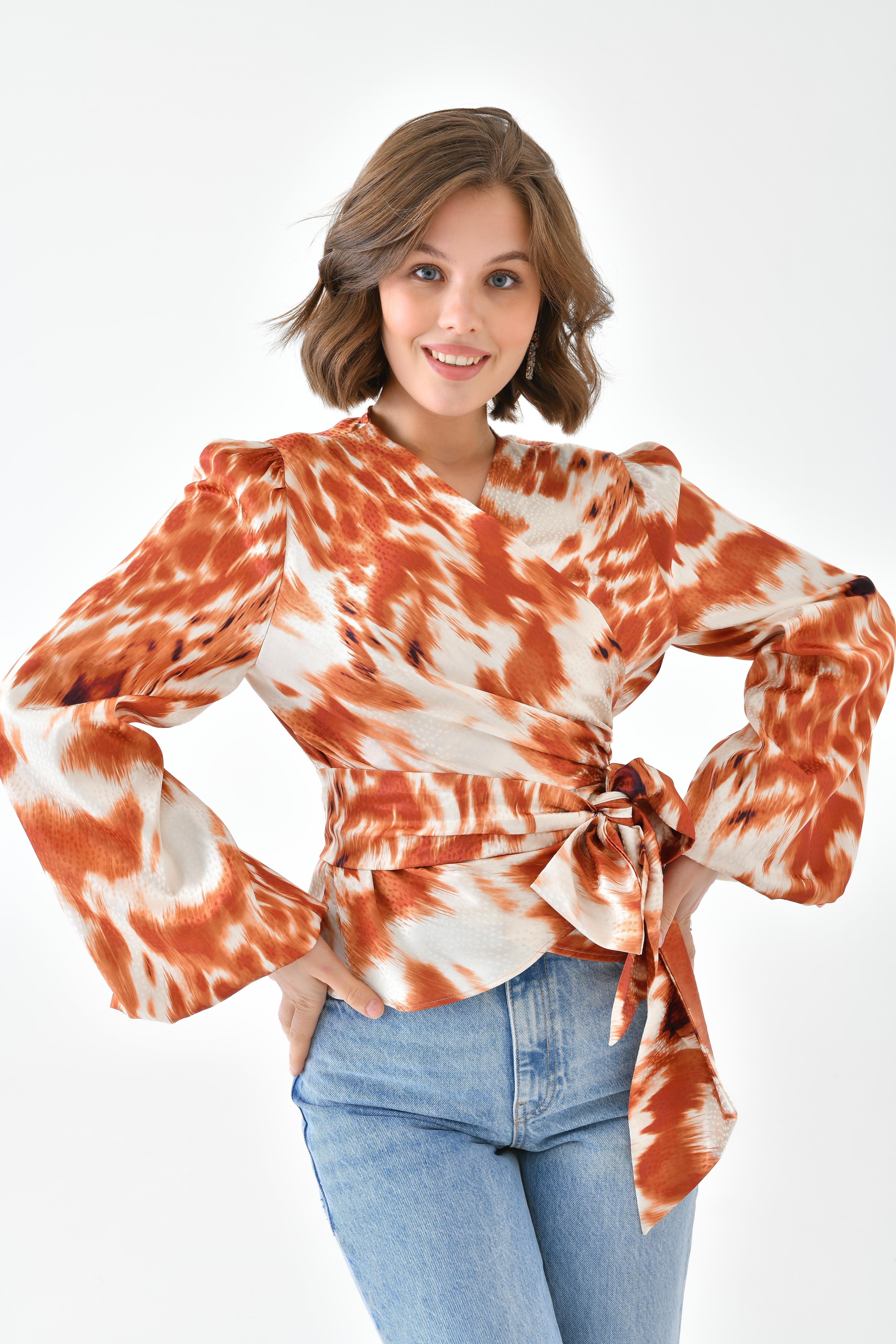 Firoy Kadın Leopar Desenli Bluz  Orange