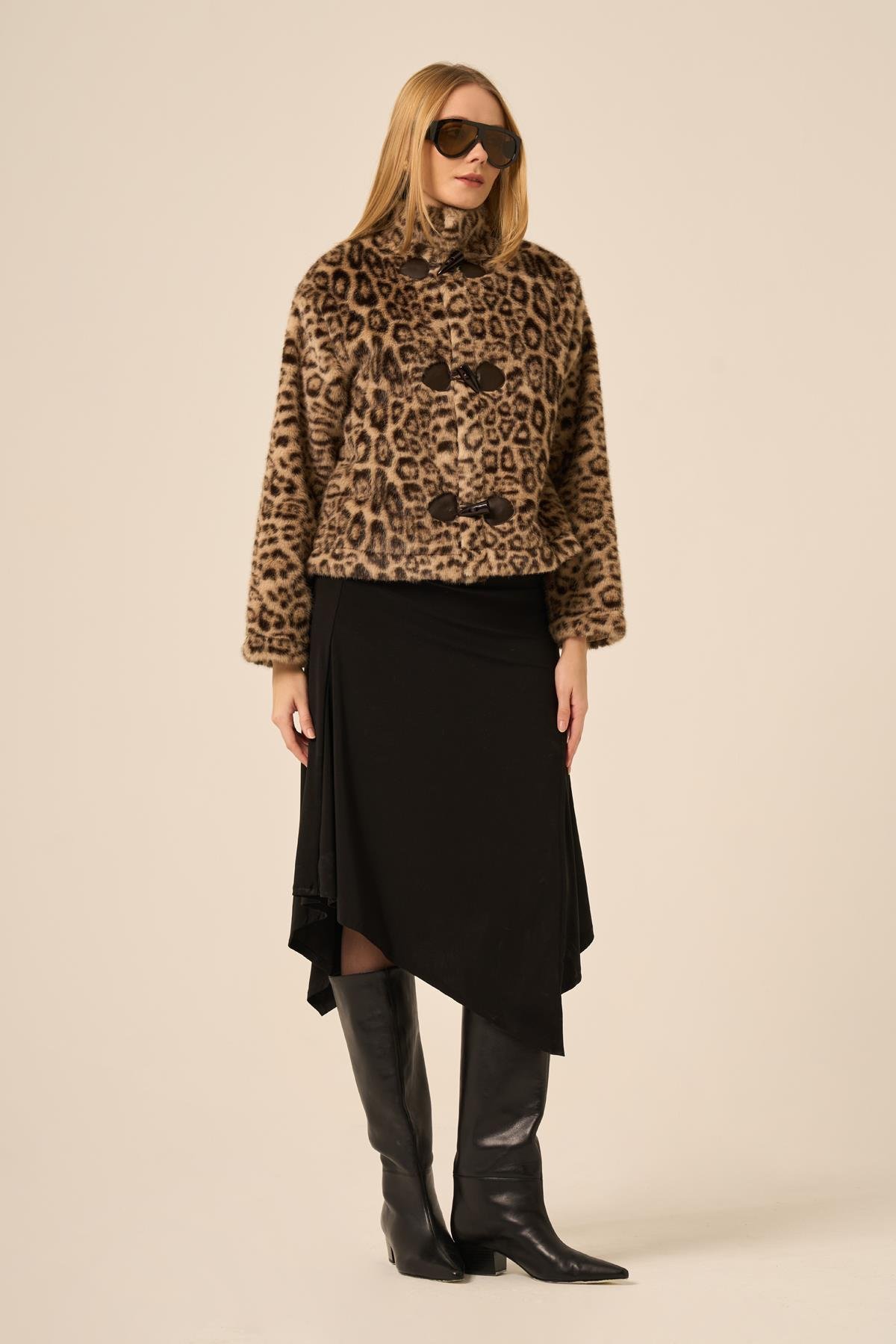 Firoy Kadın Leopar Kısa Kaban  Beige