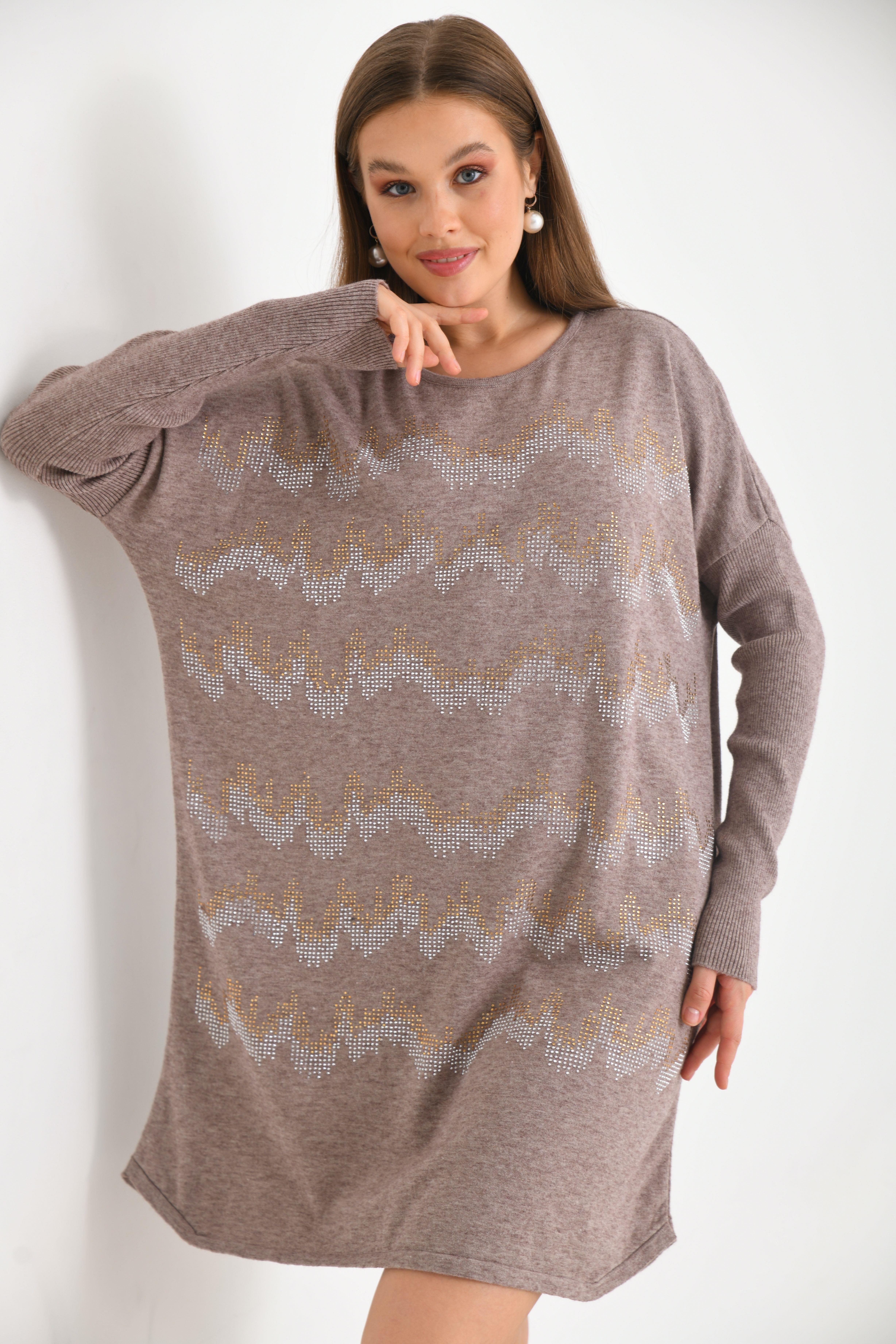 Firoy Kadın Önü Taş Detaylı Tunik  Beige