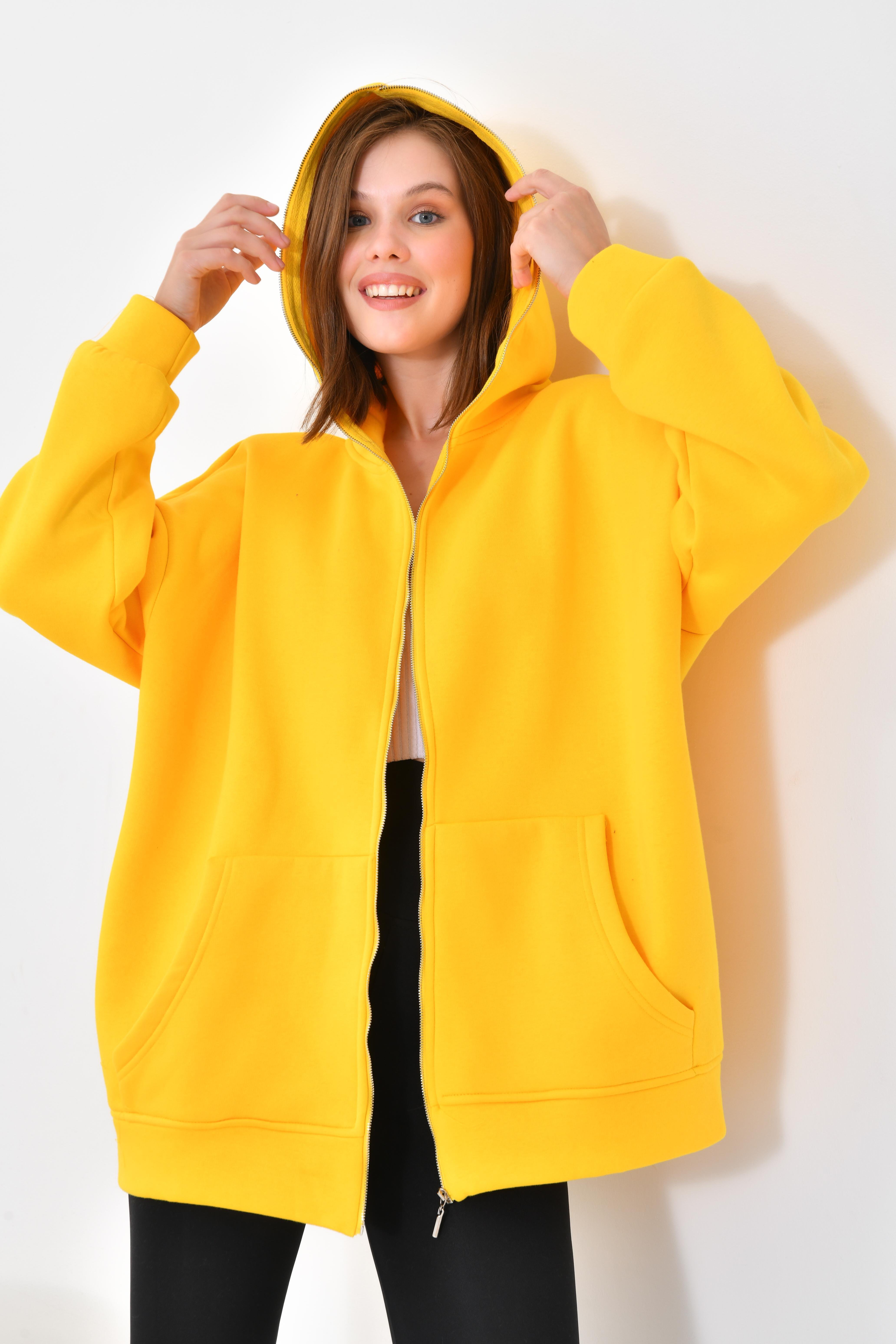 Firoy Kadın Oversize 3 İp Şardonlu Fermuarlı Sweatshırt  Sarı