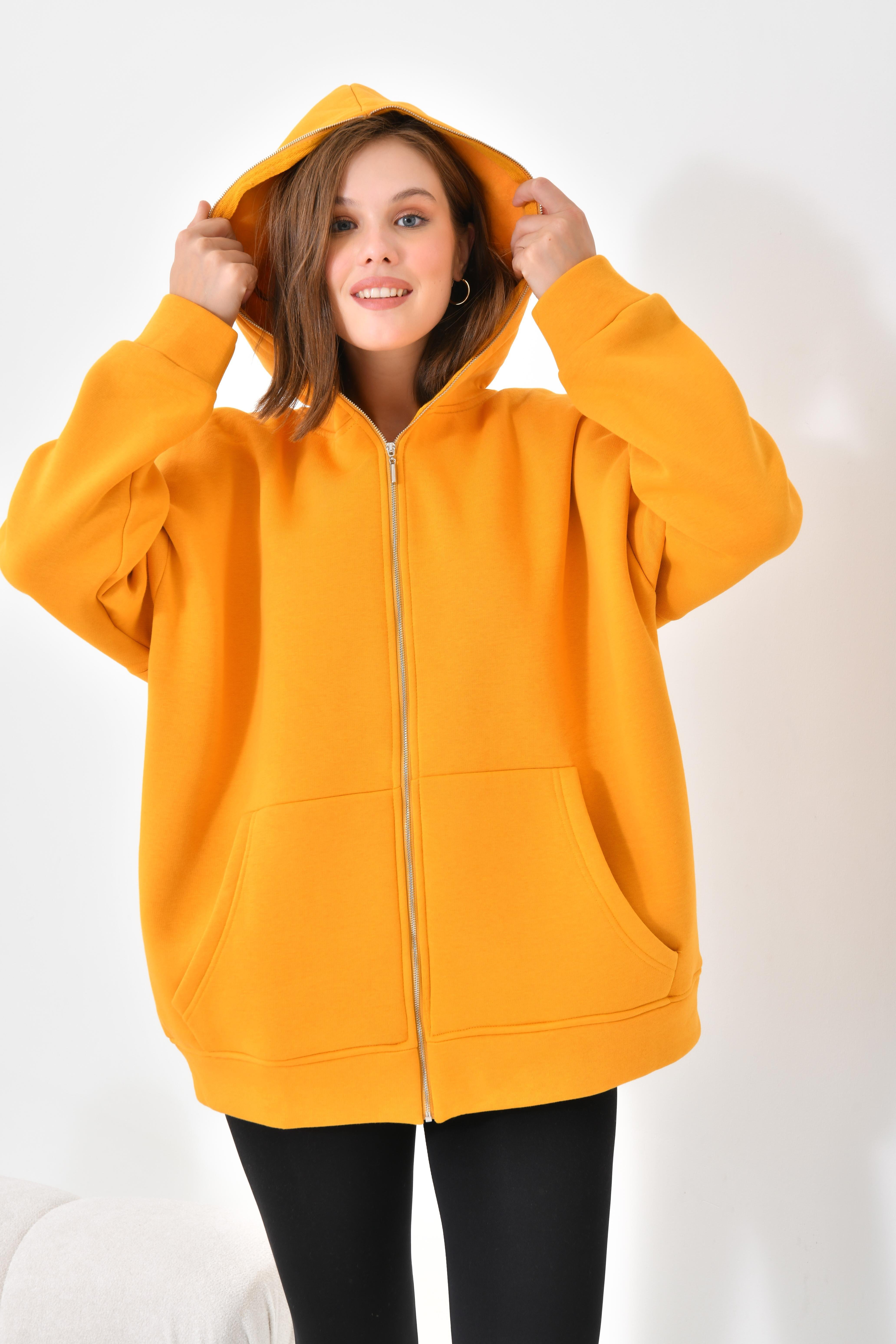 Firoy Kadın Oversize 3 İp Şardonlu Fermuarlı Sweatshırt  Hardal