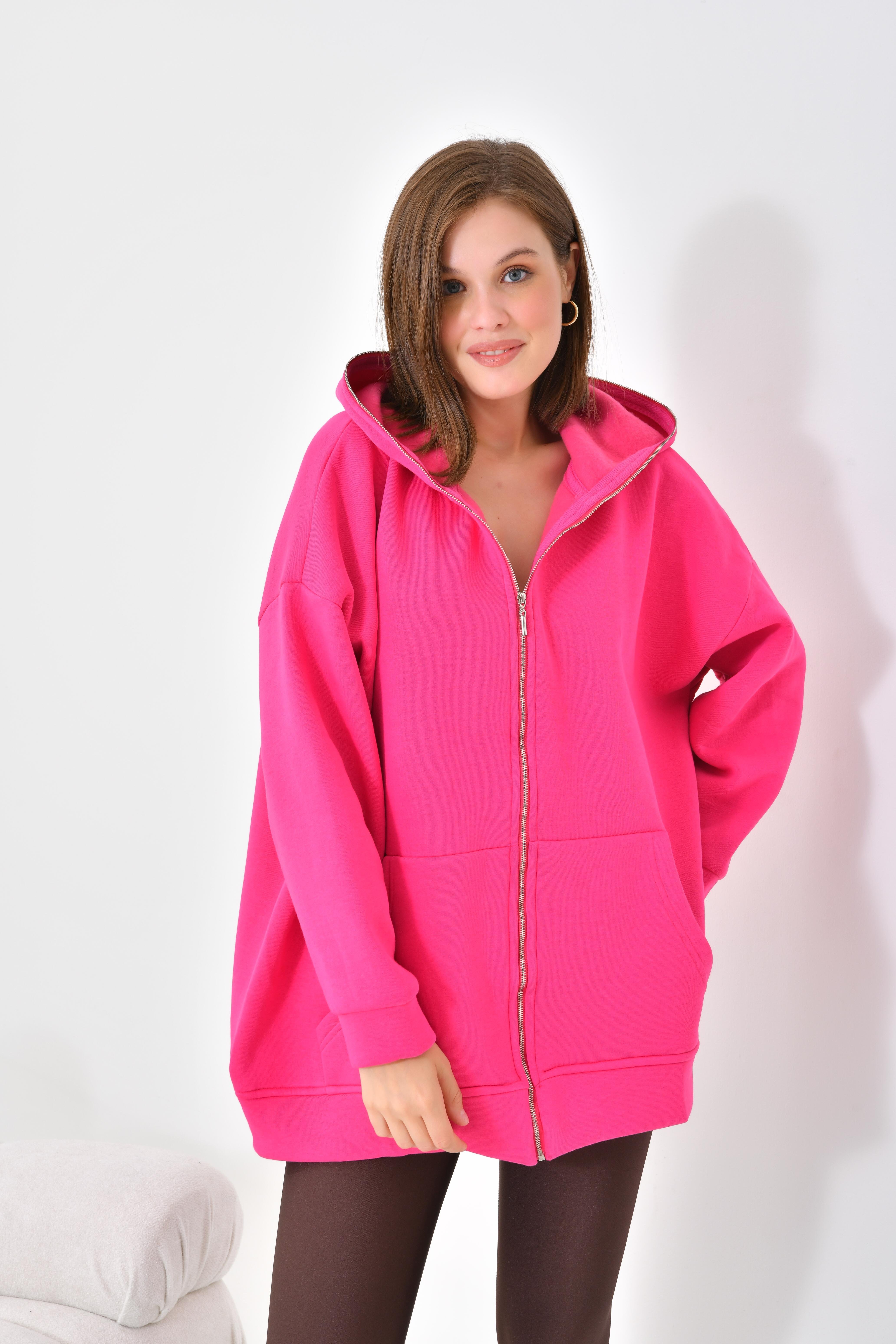 Firoy Kadın Oversize 3 İp Şardonlu Fermuarlı Sweatshırt  Fuşya