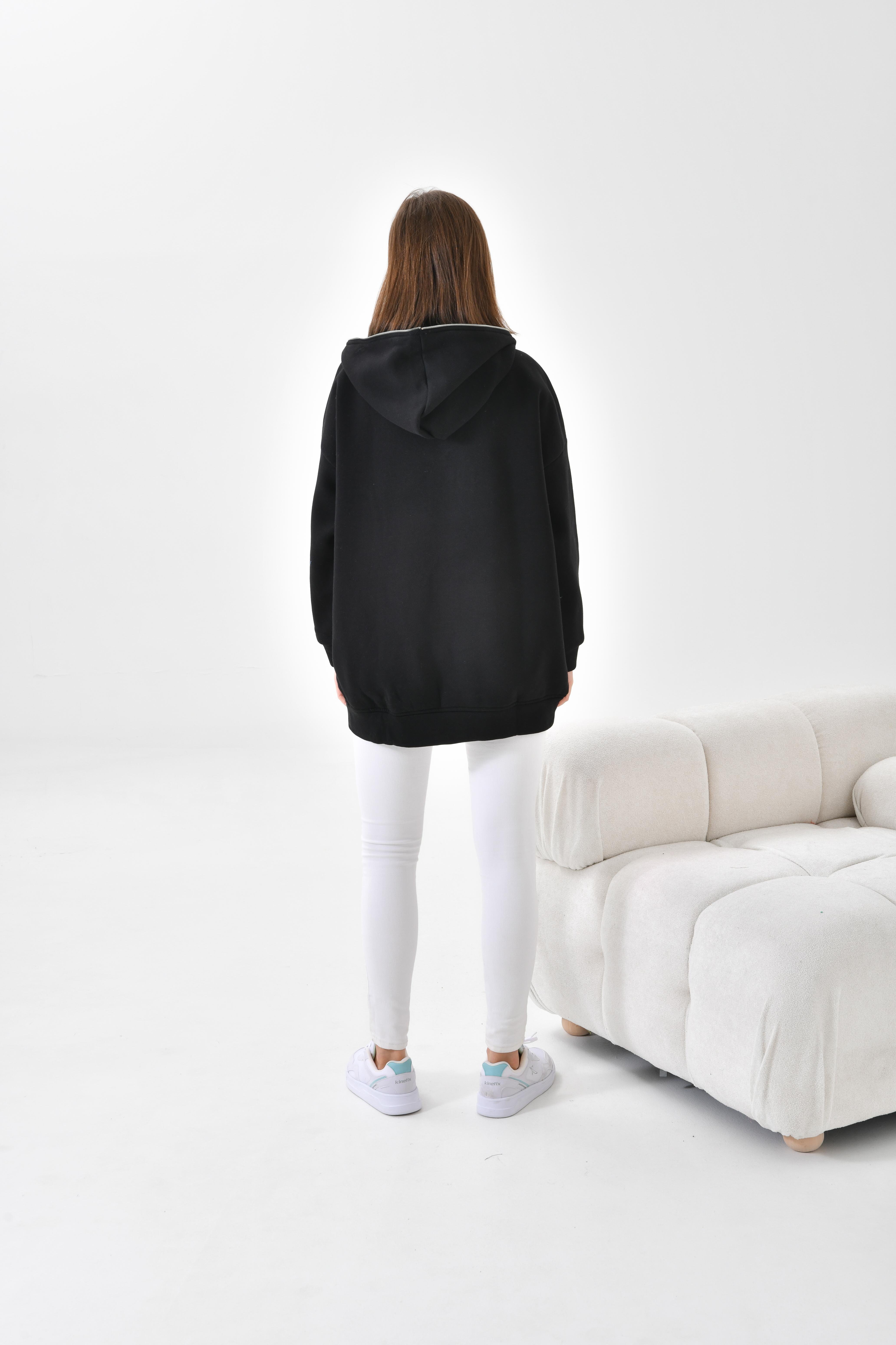 Firoy Kadın Oversize 3 İp Şardonlu Fermuarlı Sweatshırt  Siyah
