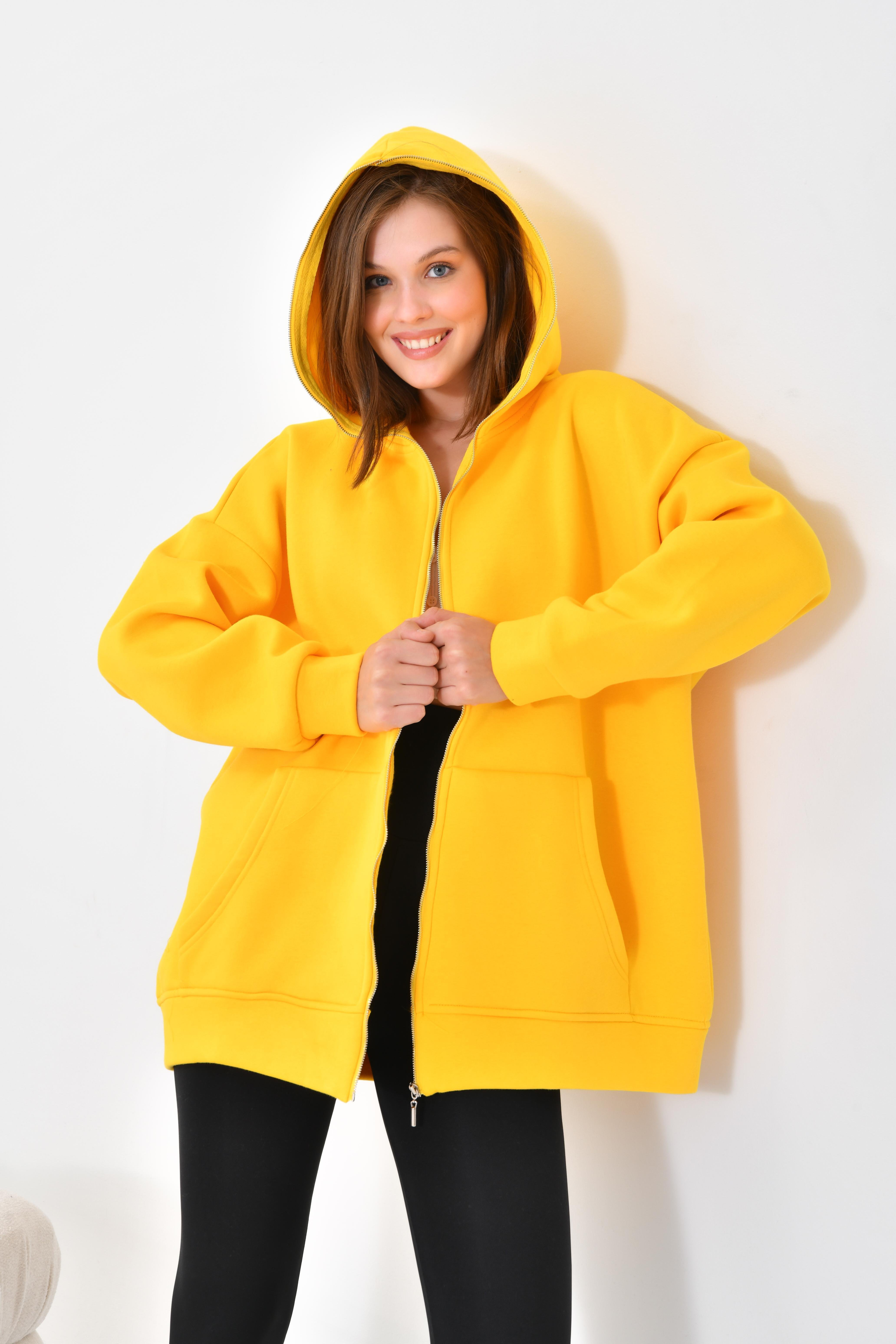 Firoy Kadın Oversize 3 İp Şardonlu Fermuarlı Sweatshırt  Sarı