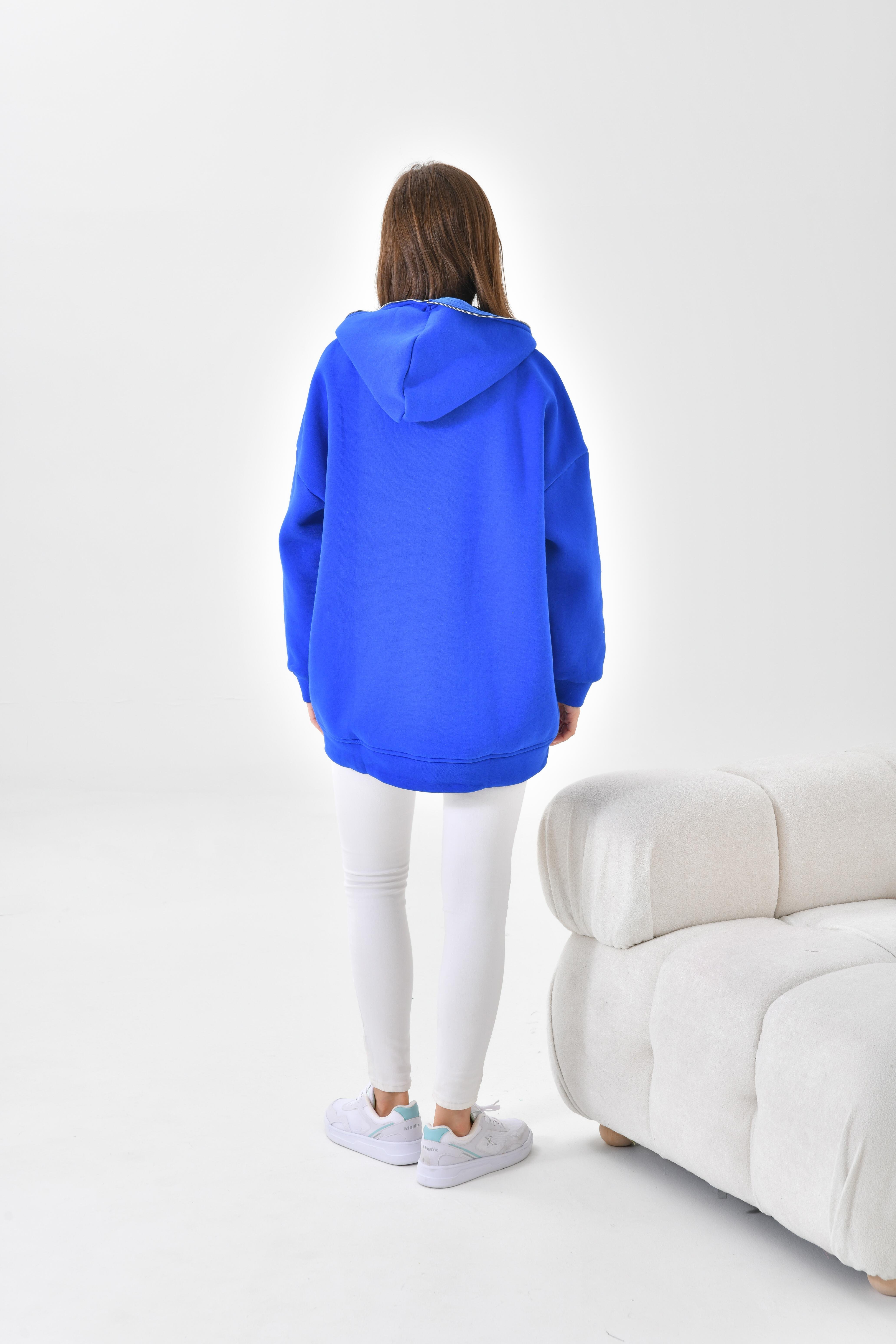 Firoy Kadın Oversize 3 İp Şardonlu Fermuarlı Sweatshırt  Saks Mavi